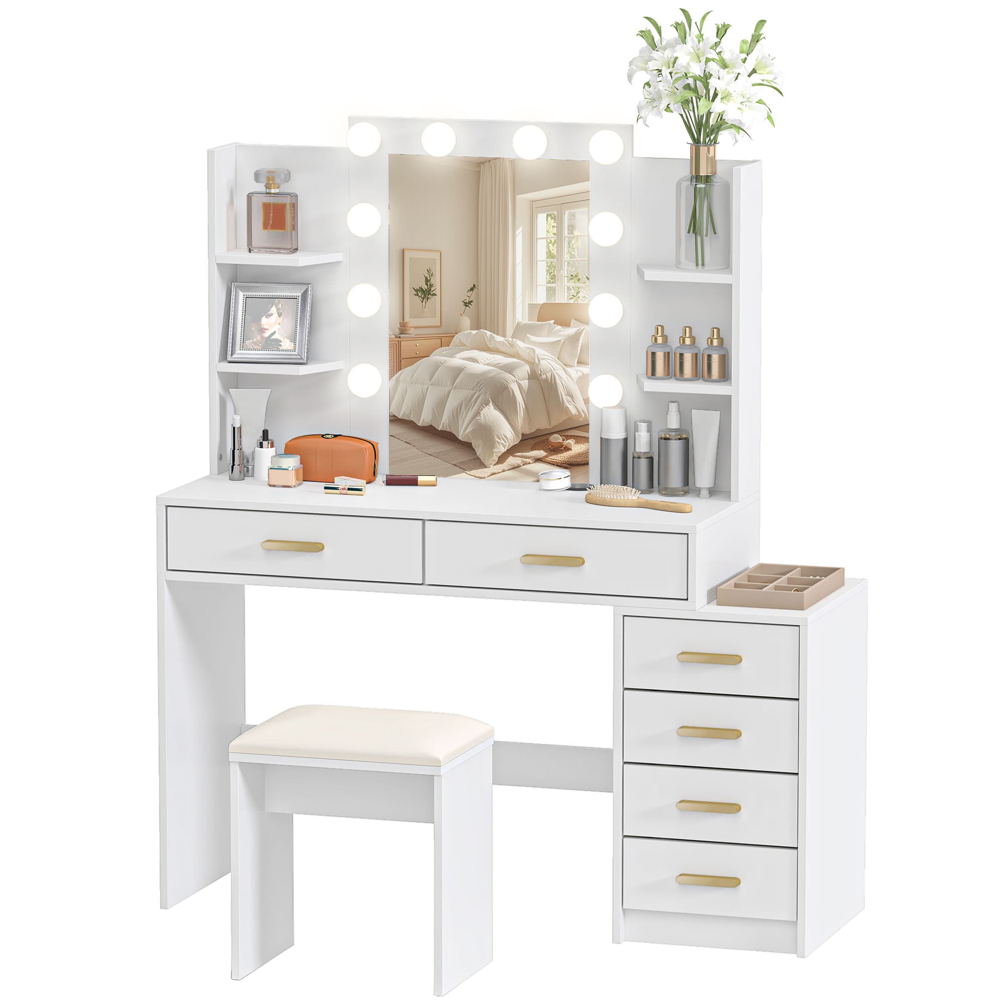 HOMCOM Coiffeuse avec miroir éclairé et tabouret rembourré, ensemble maquillage avec 6 tiroirs et étagères, Blanc