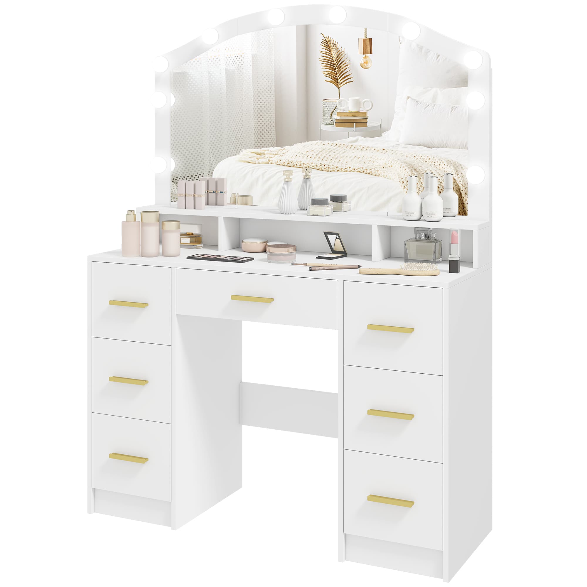 HOMCOM Coiffeuse avec 10 lampes LED style Hollywood, miroir, 7 tiroirs, 3 compartiments, MDF, blanc