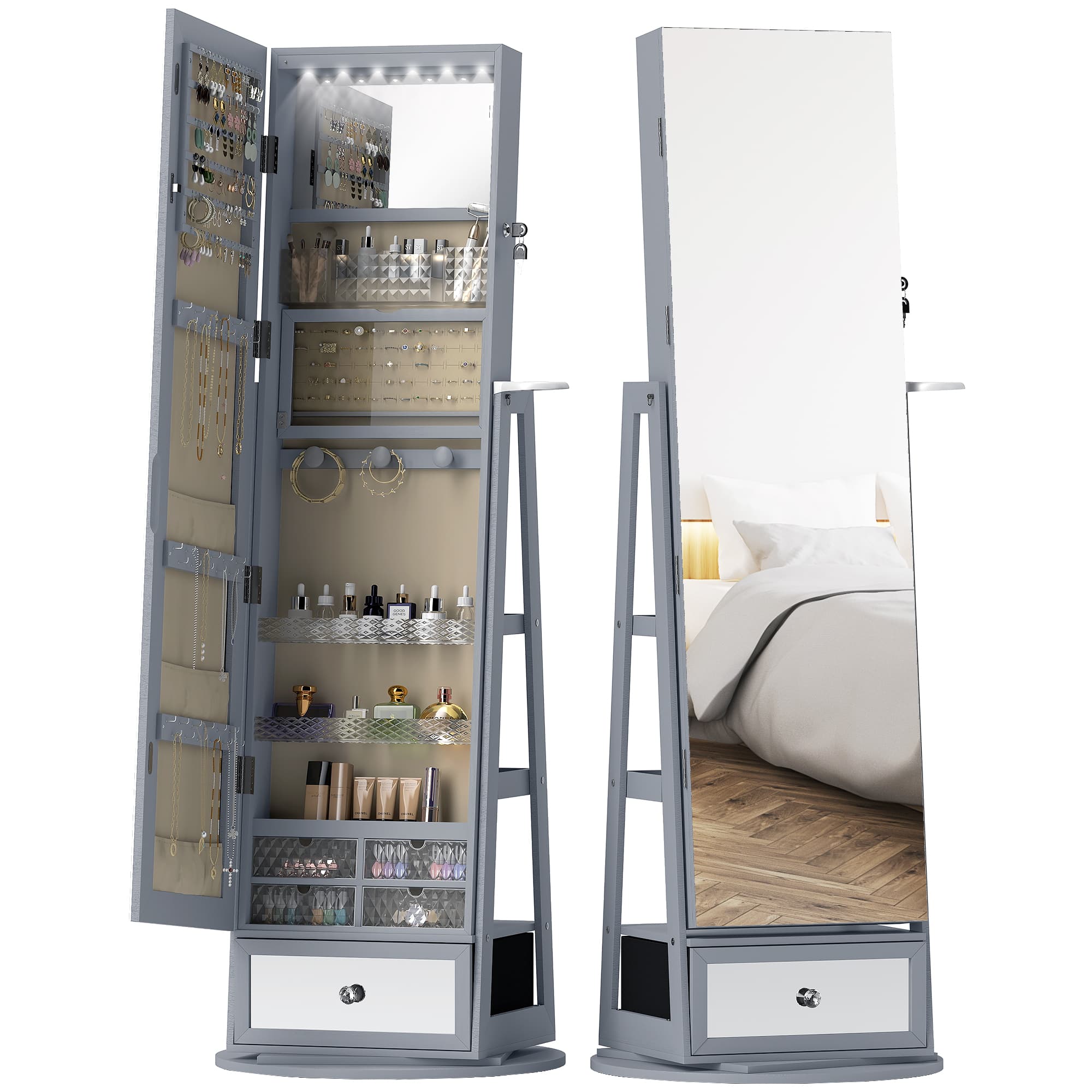 HOMCOM Miroir-coffre à bijoux avec LED Armoire à bijoux avec miroir pleine longueur Pivotant à 360° Tiroir Serrure Gris clair