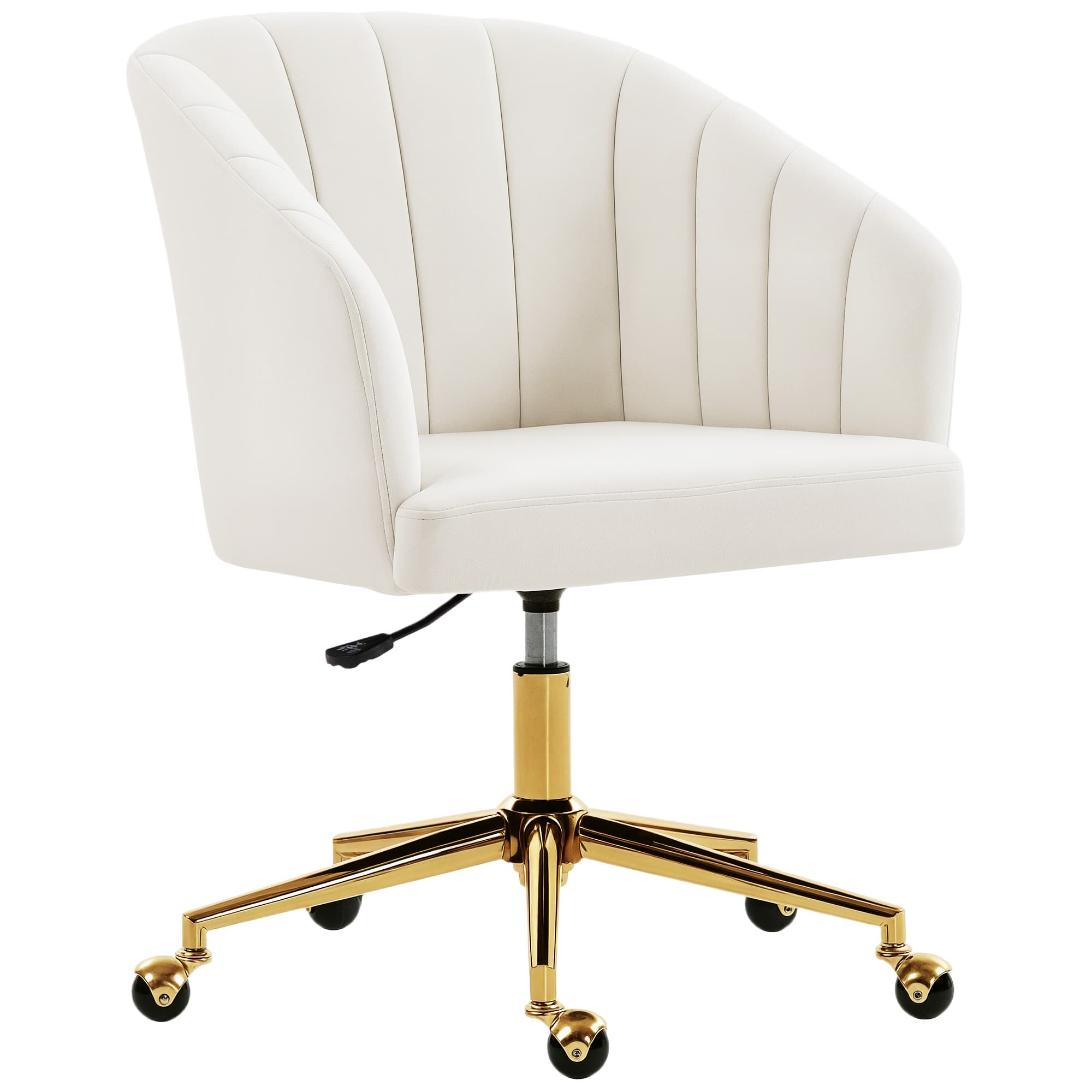 HOMCOM Chaise de bureau aspect velours, rembourrage en mousse, réglable en hauteur, à roulettes, base en acier, Blanc crème