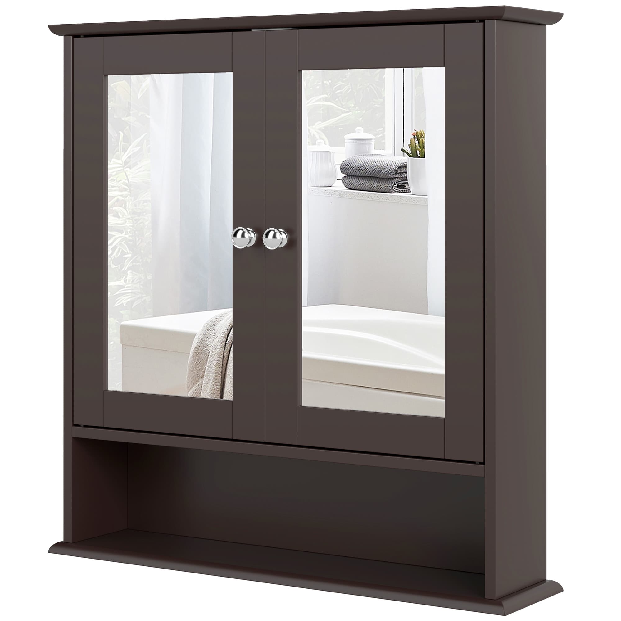 kleankin Armoire de Salle de Bain avec Miroir Armoire Murale 2 Portes Étagère Ouverte Étagère Réglable 56x13x58cm Marron foncé