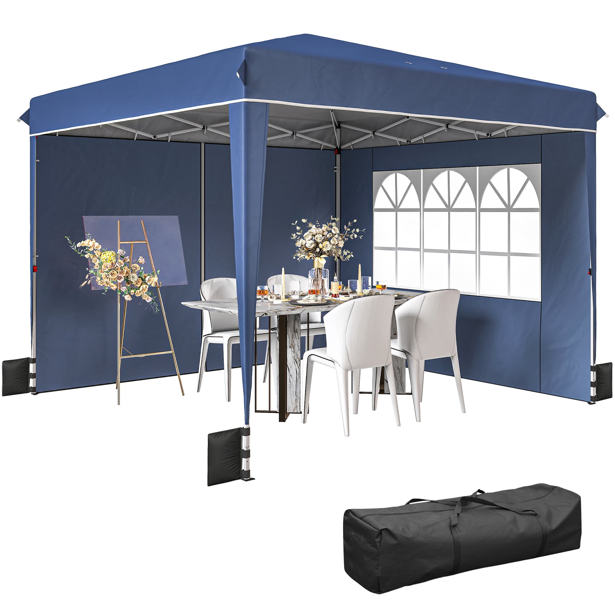 Outsunny Gazebo pliable 3x3 m avec parois et hauteur réglable, Protection UPF50+, Bleu foncé