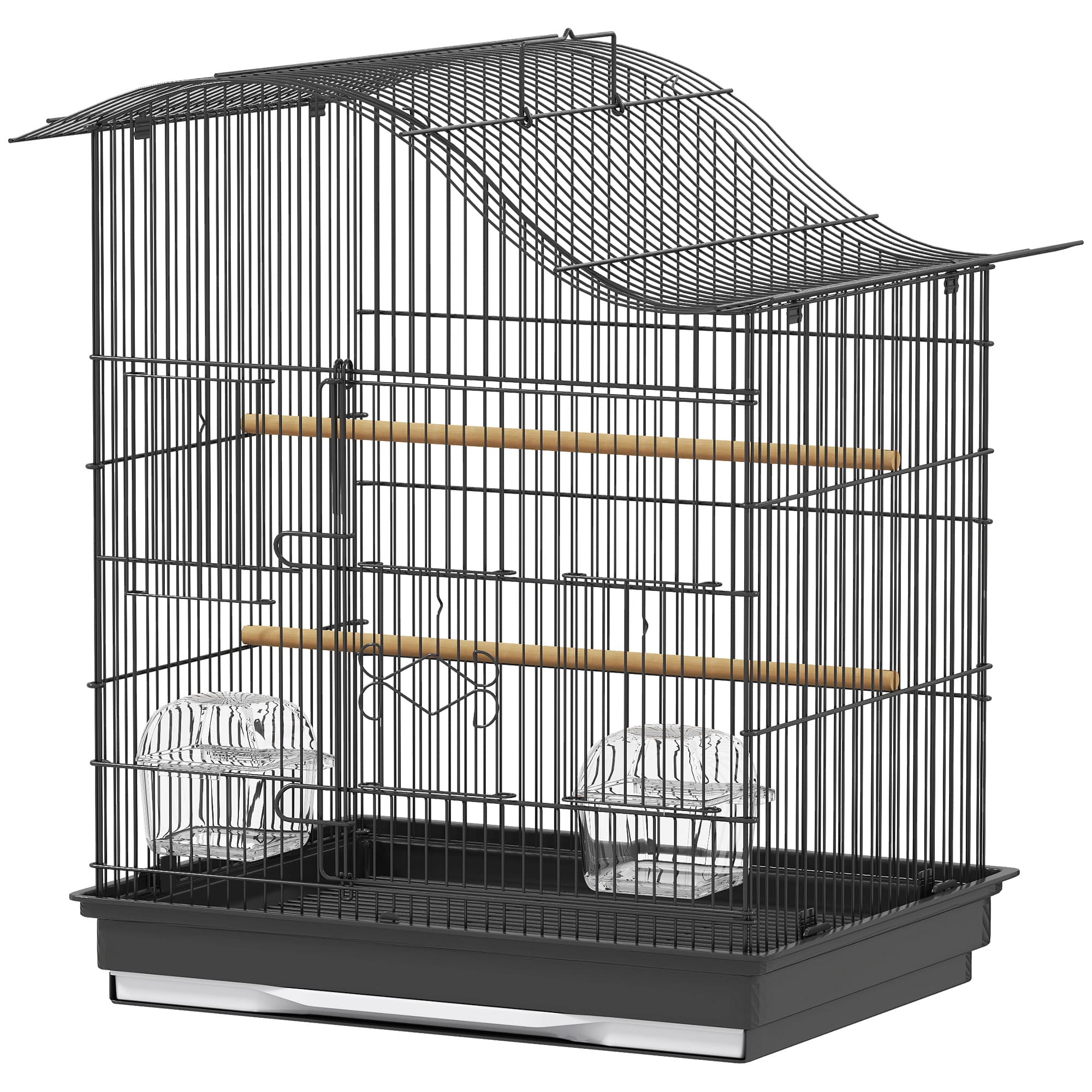 PawHut Cage pour oiseaux à 4 portes avec 2 gamelles, 2 perchoirs et bac, en métal et plastique, 47.5x36x54.5 cm, Noir