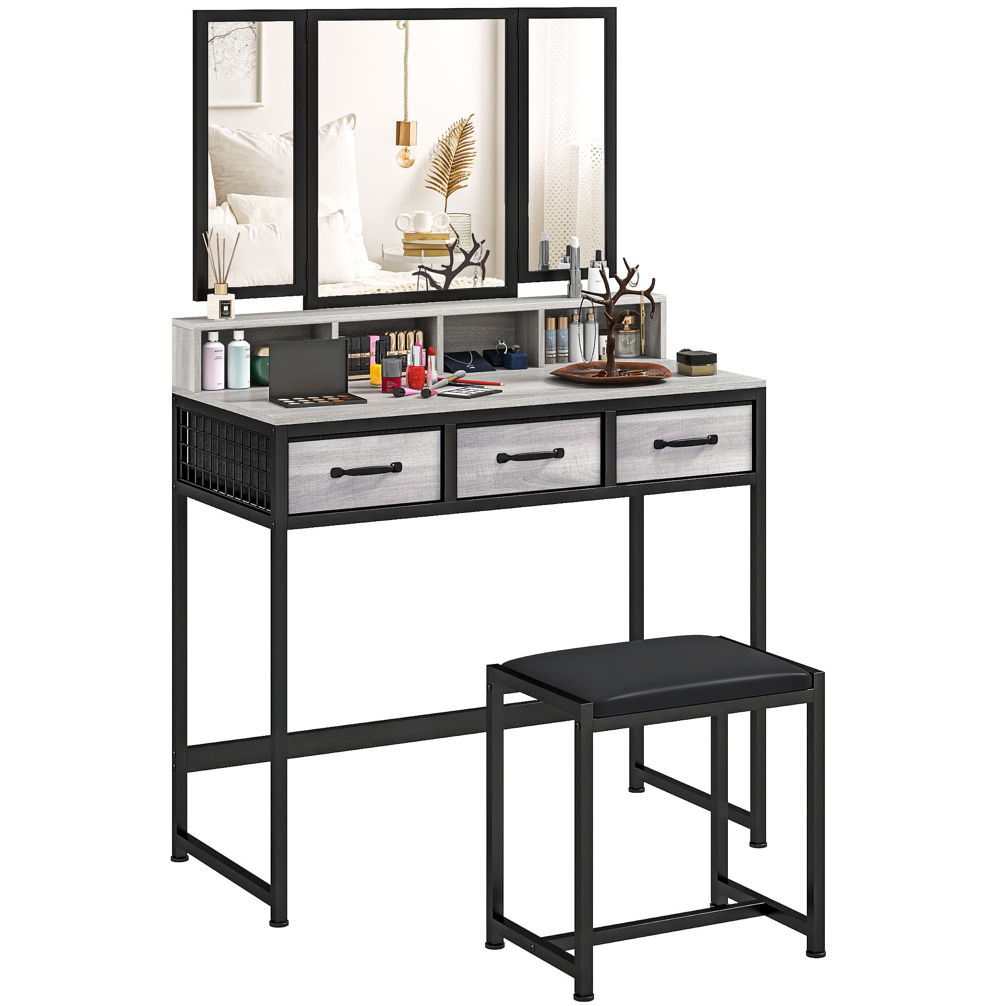 HOMCOM Coiffeuse de maquillage avec miroir triptyque amovible Tabouret 3 tiroirs en tissu Support pour sèche-cheveux Gris
