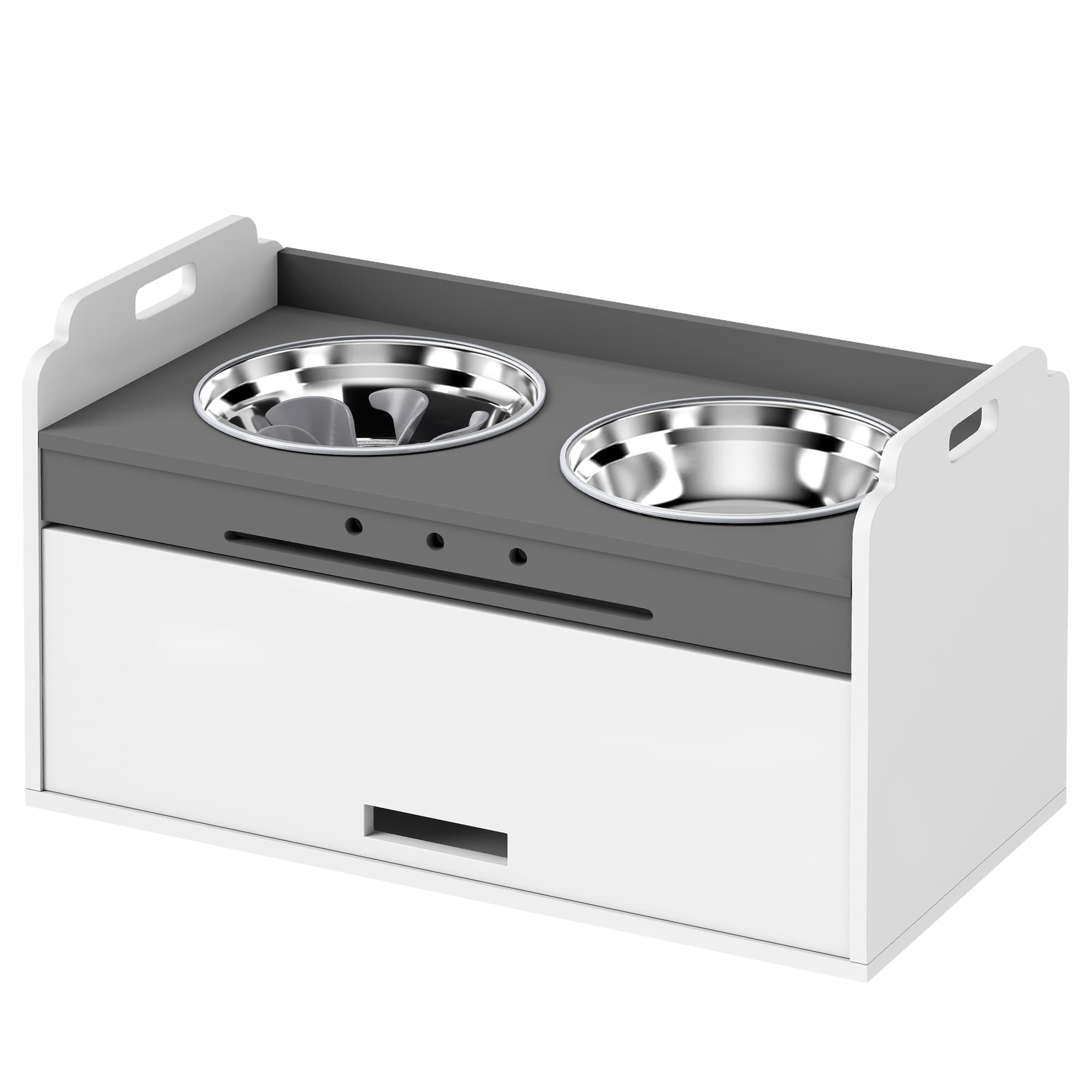 PawHut Gamelle surélevée avec armoire de rangement, 2 bols avec anneaux antidérapants, 60 x 30 x 35,5 cm, Blanc