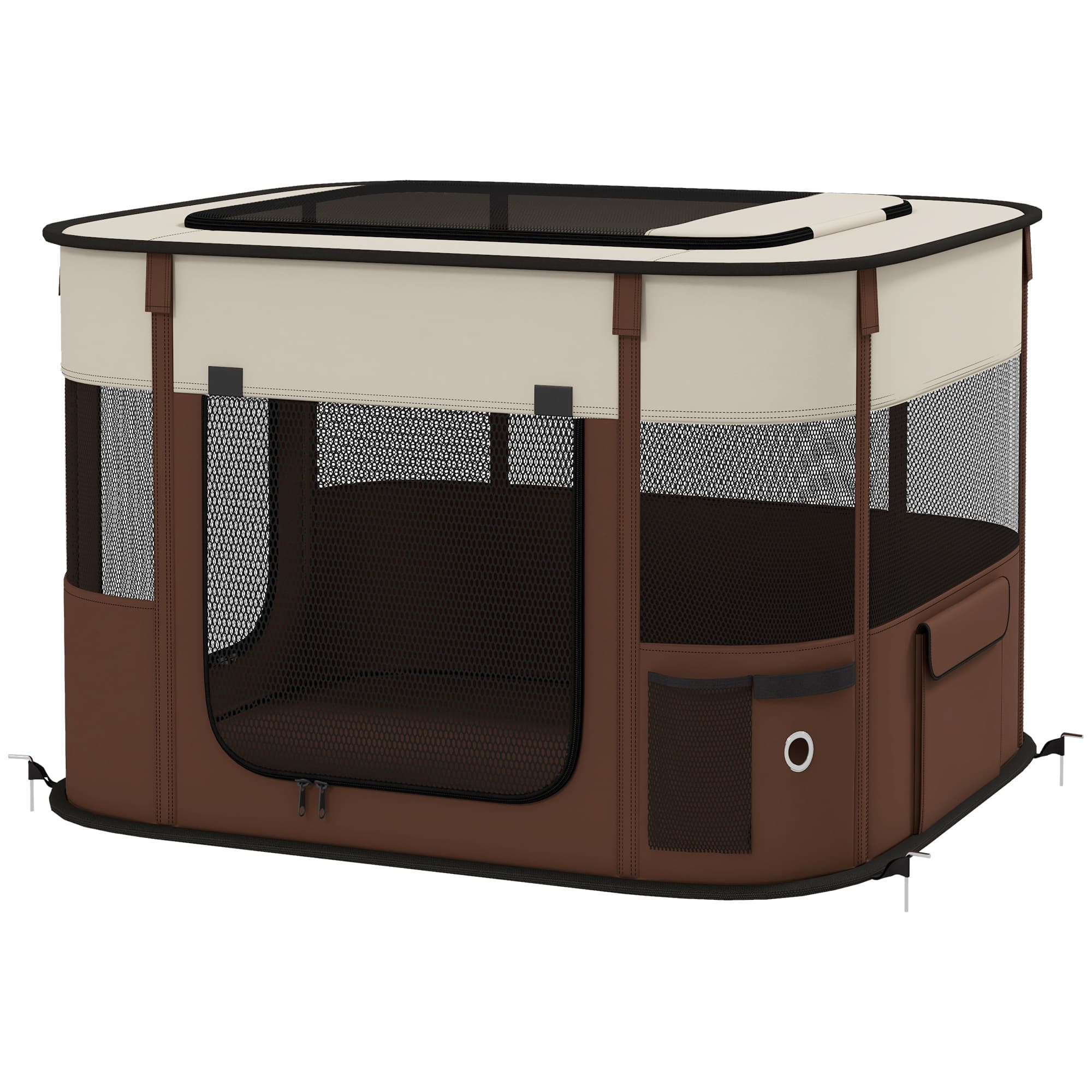 PawHut Box pour Animaux avec 6 Fenêtres, 3 Portes et 2 Poches de Rangement, Polyester et Acier, 74x60x45 cm, Marron
