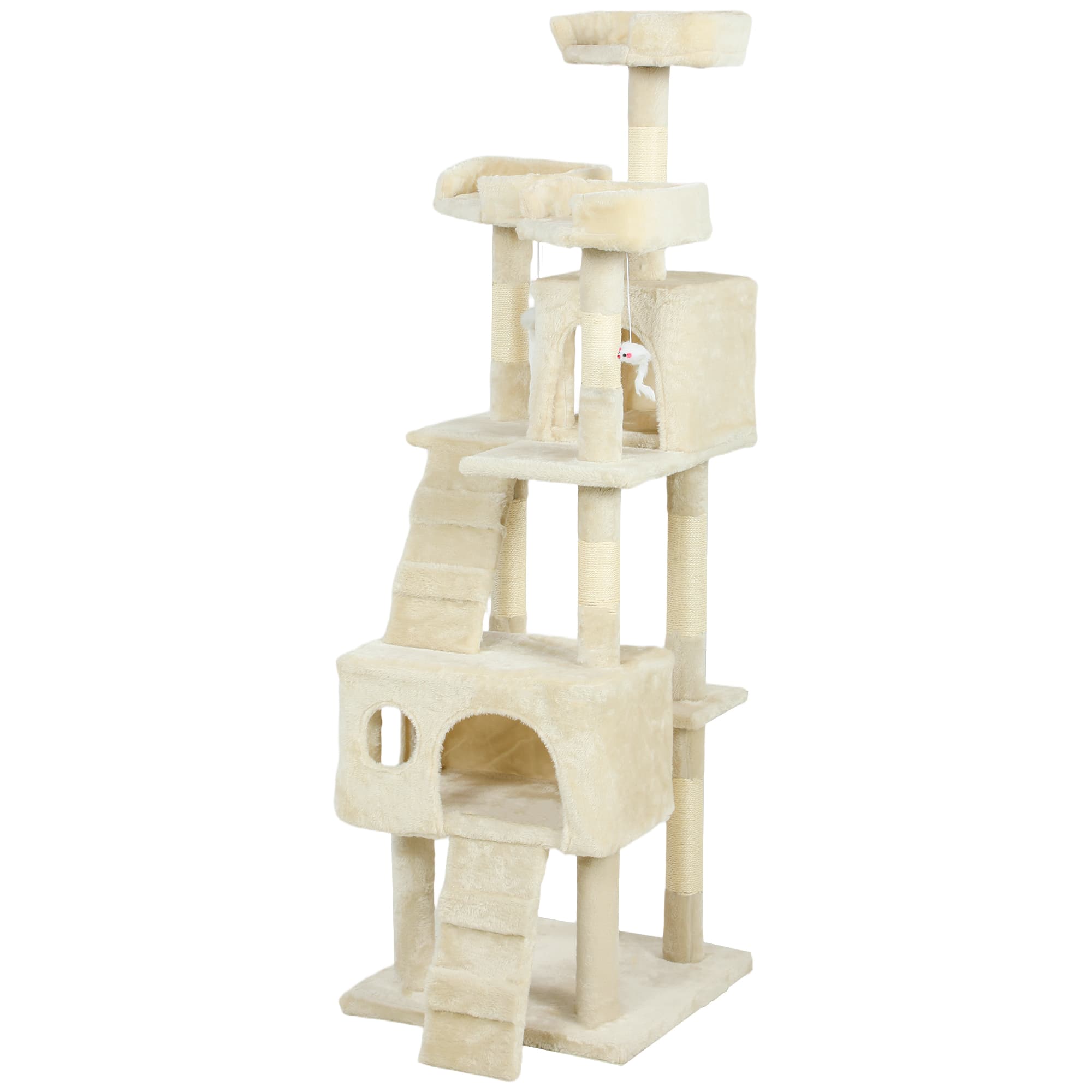 PawHut Arbre à griffer pour chats Arbre pour chats 153 cm avec 2 cachettes 3 couchages 2 rampes Poteaux en sisal Souris suspendues Crème