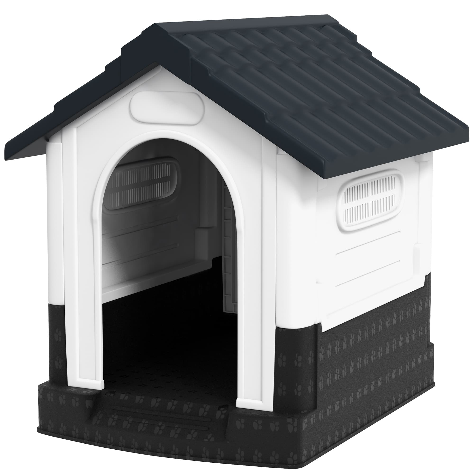 PawHut Niche mini d'extérieur en plastique avec 3 fenêtres Base surélevée Toit incliné 64,5x57x66 cm Gris foncé