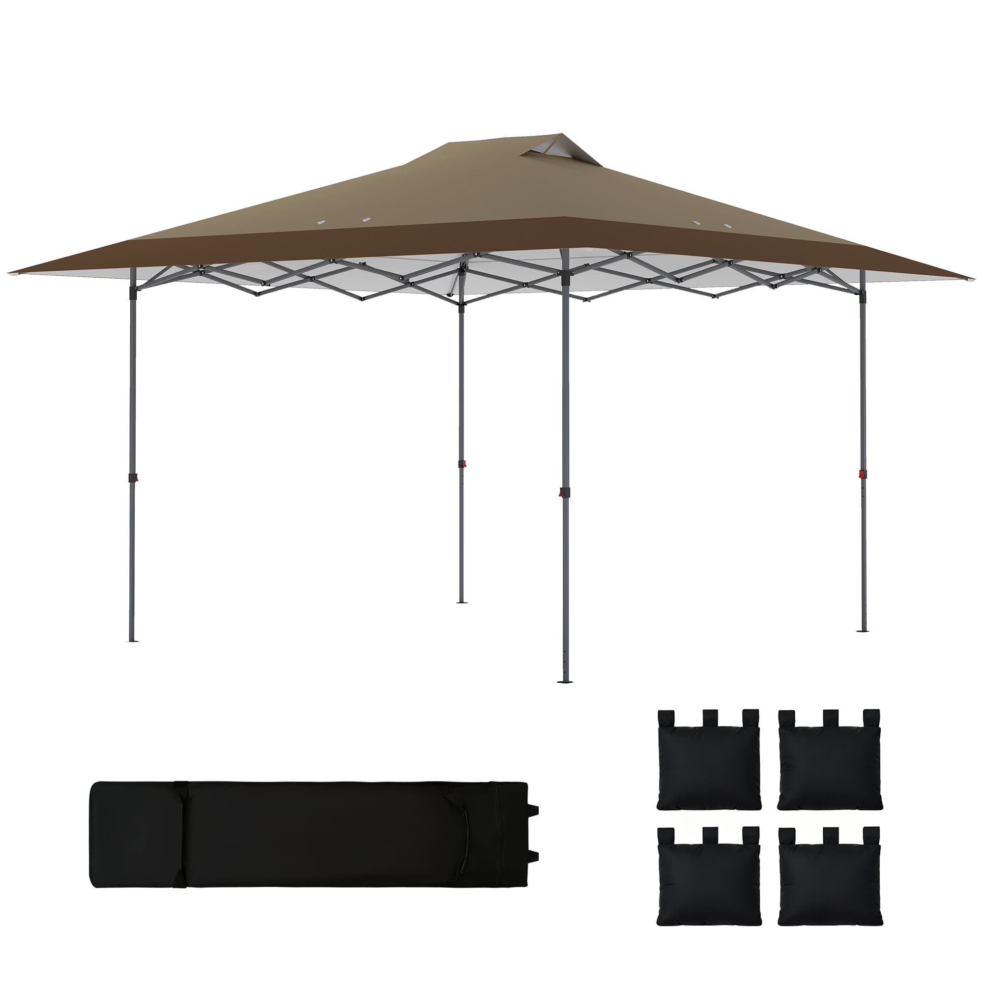 Outsunny Tonnelle Pliable Pop-up 4x4 m avec verrouillage central UPF50+ Hauteur réglable Sacs de sable et sac à roulettes Beige et Café