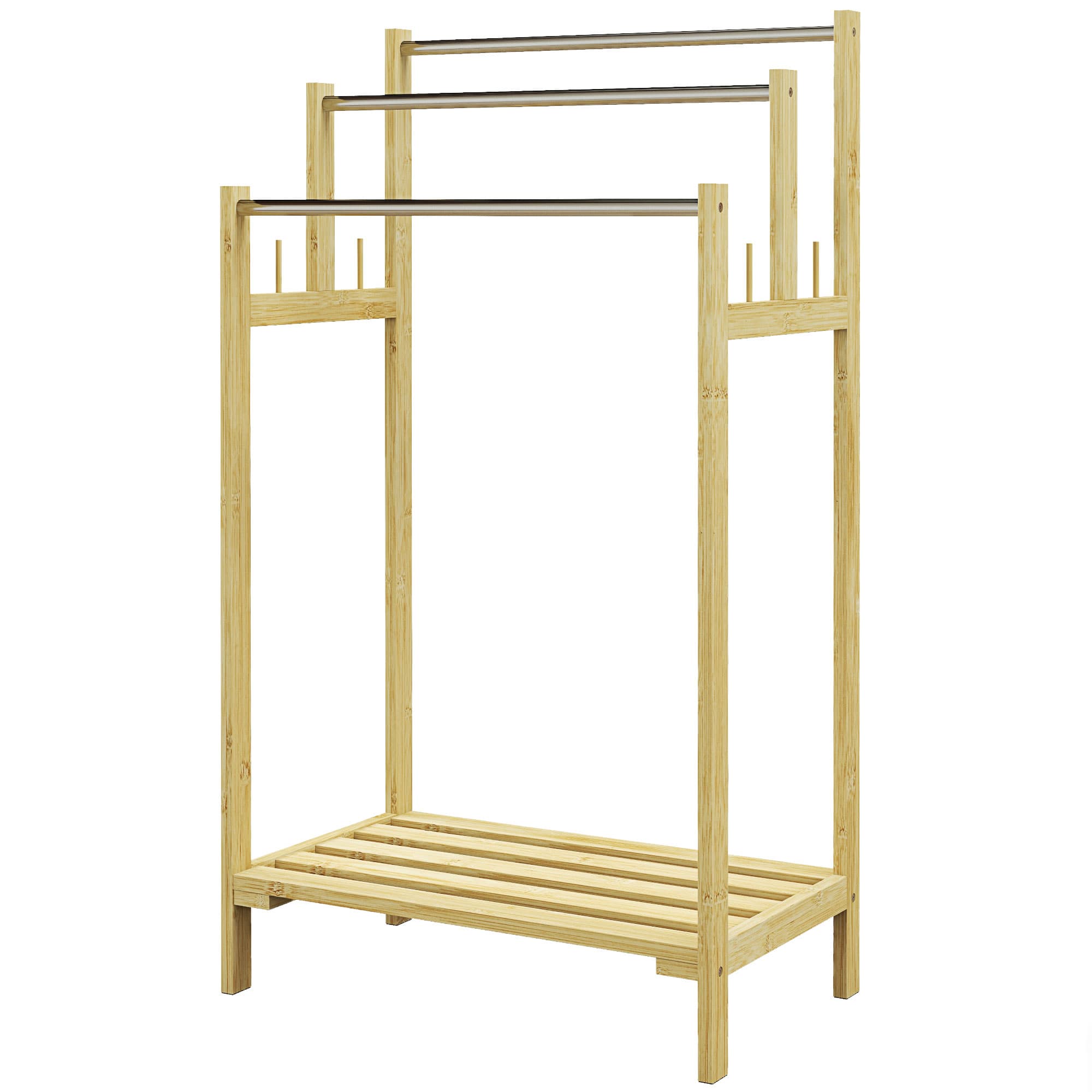 HOMCOM Porte-serviettes sur pied en bambou avec 3 barres en acier inoxydable, étagère ouverte, 50,5x31x90 cm, naturel
