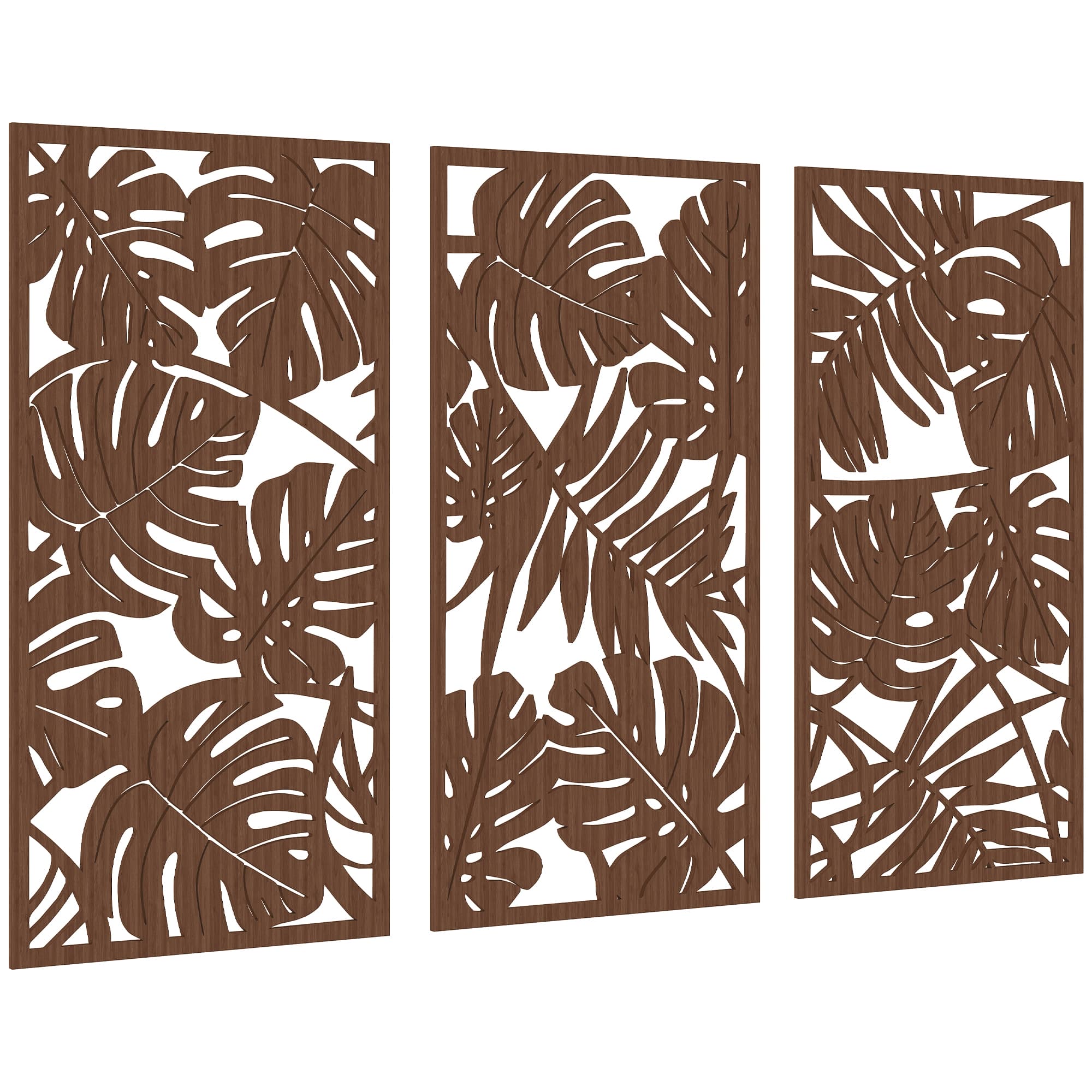 HOMCOM Décoration Murale en Bois 3D 3 Pièces 40x80 cm Ornements Muraux à Motif de Feuilles Tropicales Noyer