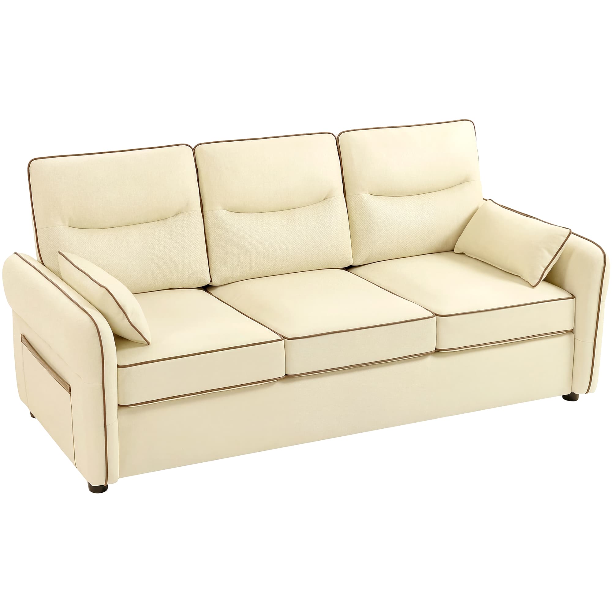 HOMCOM Canapé 3 places en similicuir avec rembourrage épais, poche latérale et 2 coussins, 190x83x90 cm, Beige