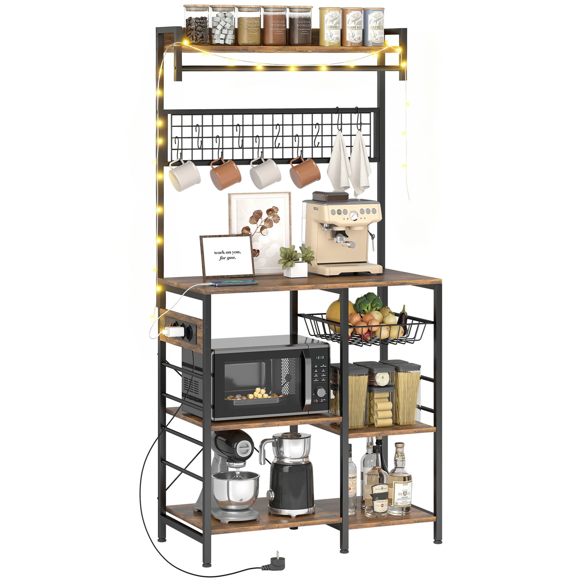 HOMCOM Étagère de cuisine avec trois prises et éclairage LED industrielle avec étagères pour micro-ondes 80x42x162 cm marron rustique