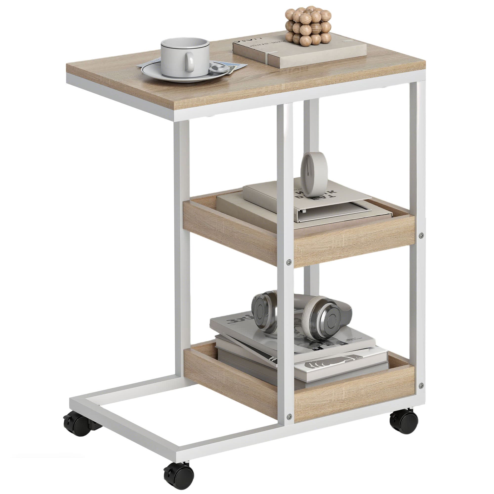 HOMCOM Table d'appoint en forme de C avec roulettes, étagères ouvertes et cadre en acier pour salon, chambre, 51x33x66 cm, Naturel et Blanc