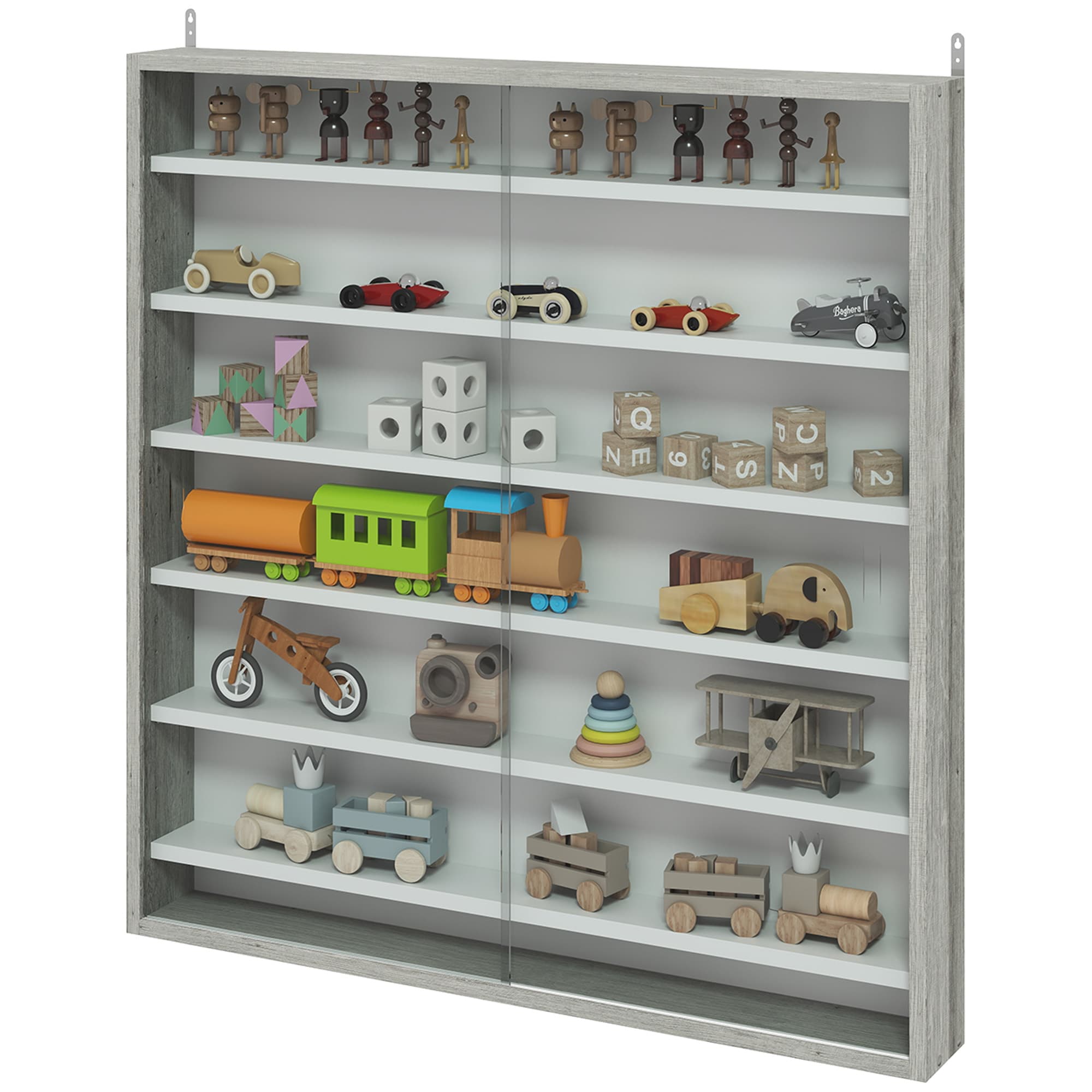 HOMCOM Vitrine de rangement 5 étagères réglables en bois avec portes en verre, 80x9.5x83 cm, Blanc et Gris