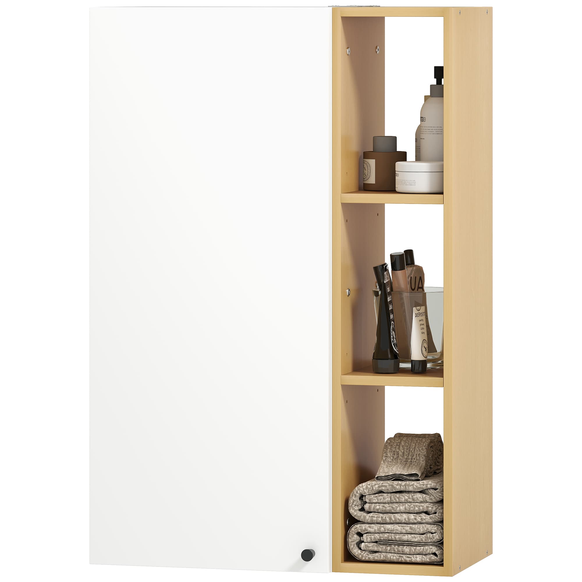 HOMCOM Armoire de Salle de Bain Murale avec Tablettes Réglables et 3 Étagères Ouvertes, 59.5x30x90 cm, Blanc et Bois