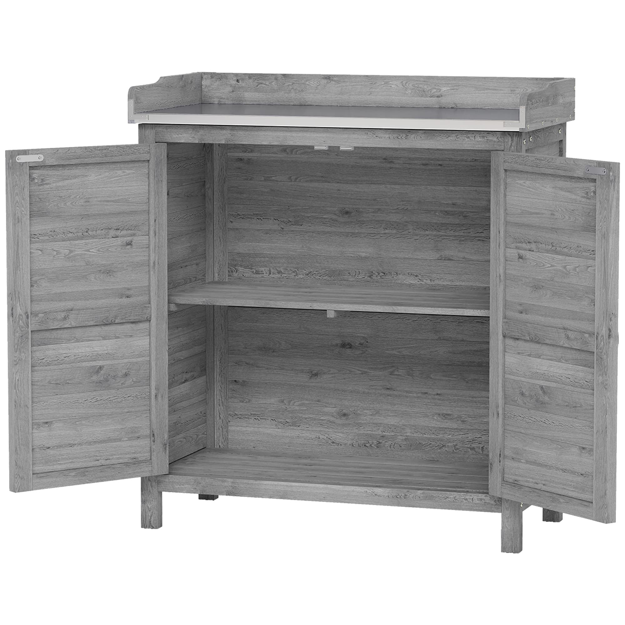 Outsunny Armoire de jardin avec table de rempotage, abri à outils en bois avec plan de travail galvanisé 2 étagères Gris