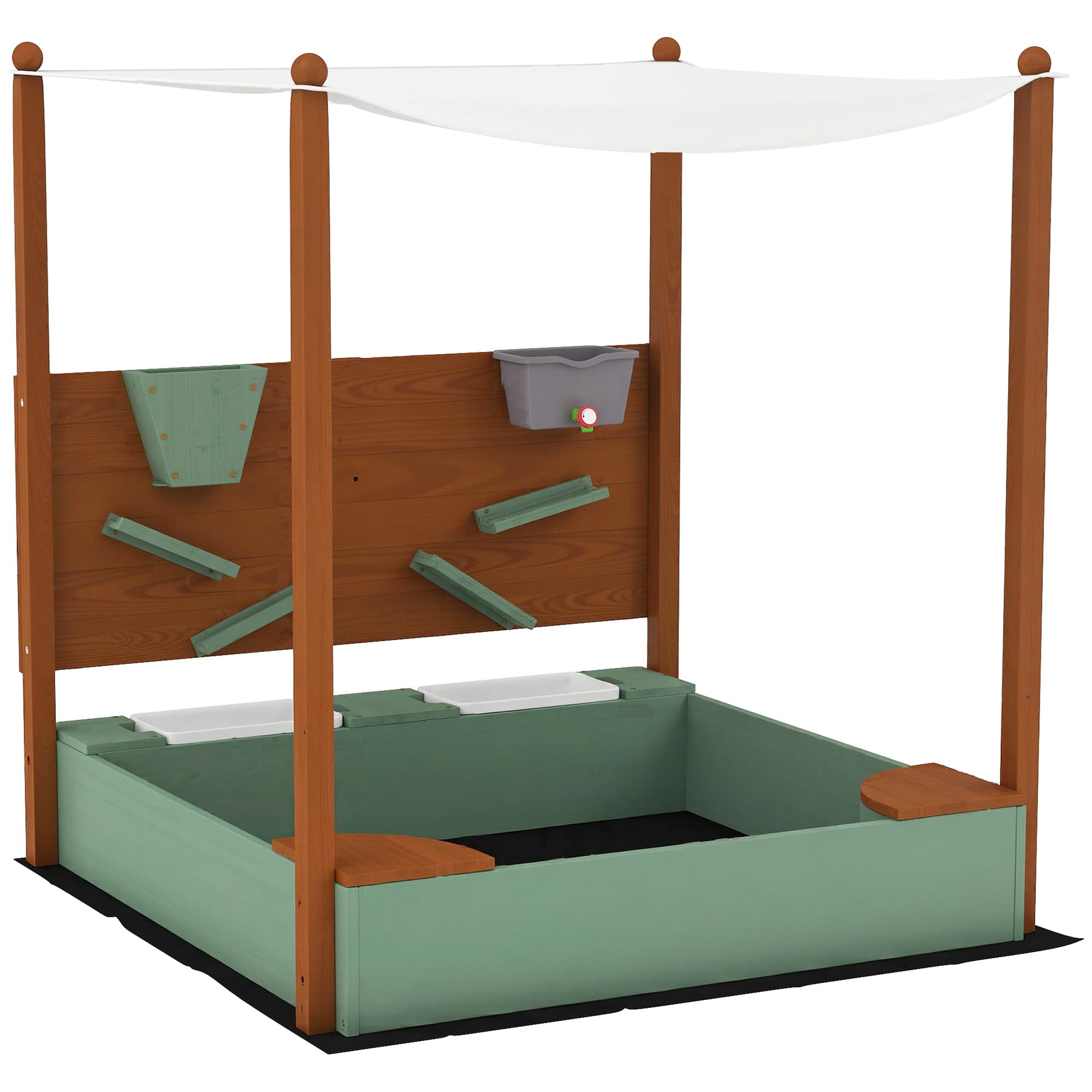 AIYAPLAY Bac à sable en bois avec toit Bac à sable pour enfants avec 2 sièges 2 bacs robinet entonnoir 116x112,5x128 cm Vert
