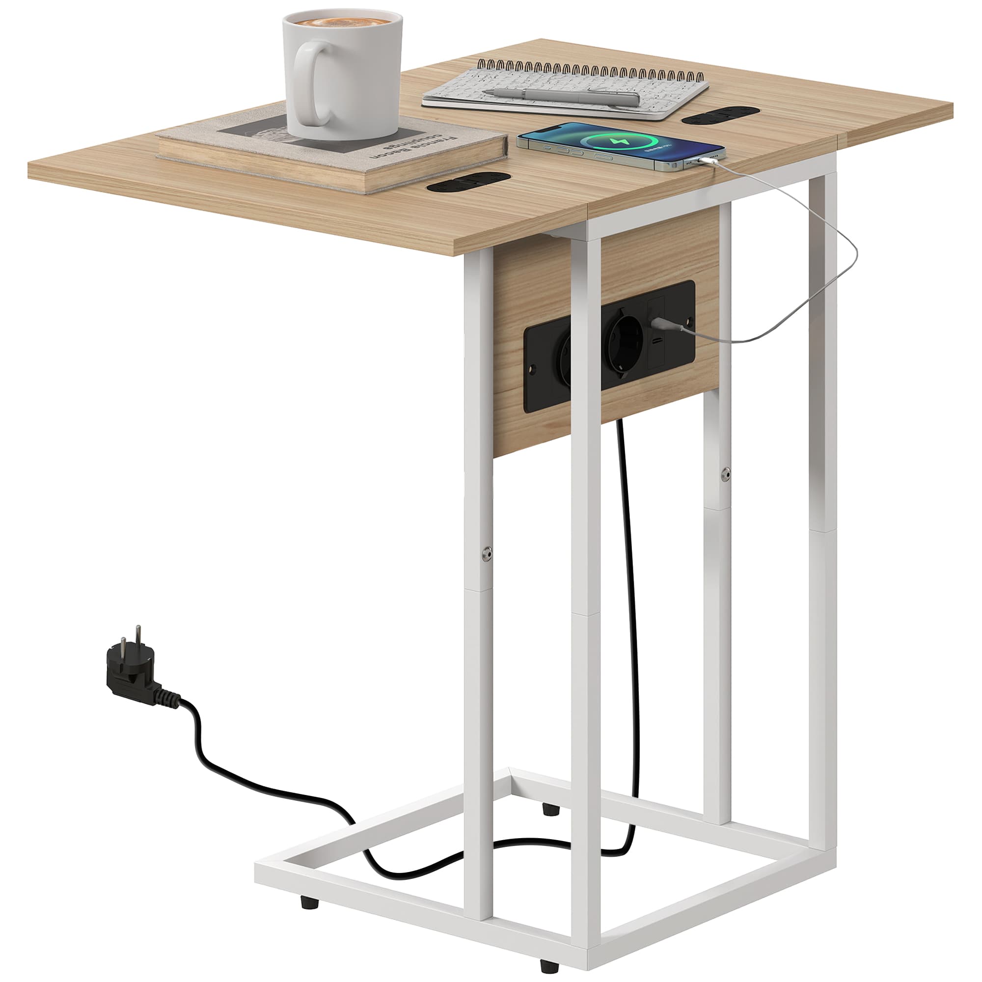 HOMCOM Table d'appoint pour canapé avec plateau rabattable et station de charge en forme de C pour salon Blanc et naturel
