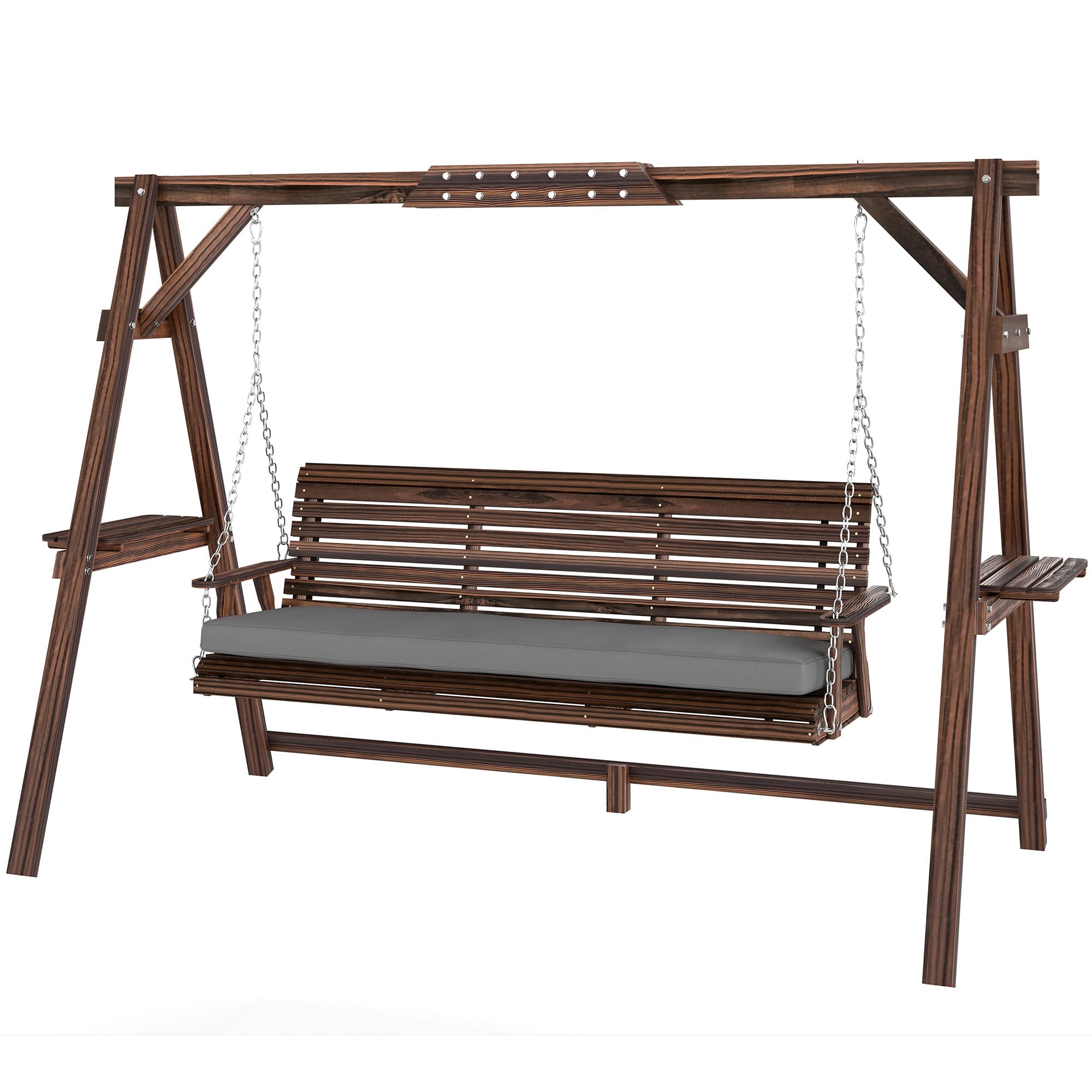 Outsunny Balancelle, balancelle de jardin 3 places en bois, balancelle avec coussin et tablettes jusqu'à 330 kg Carbonisé