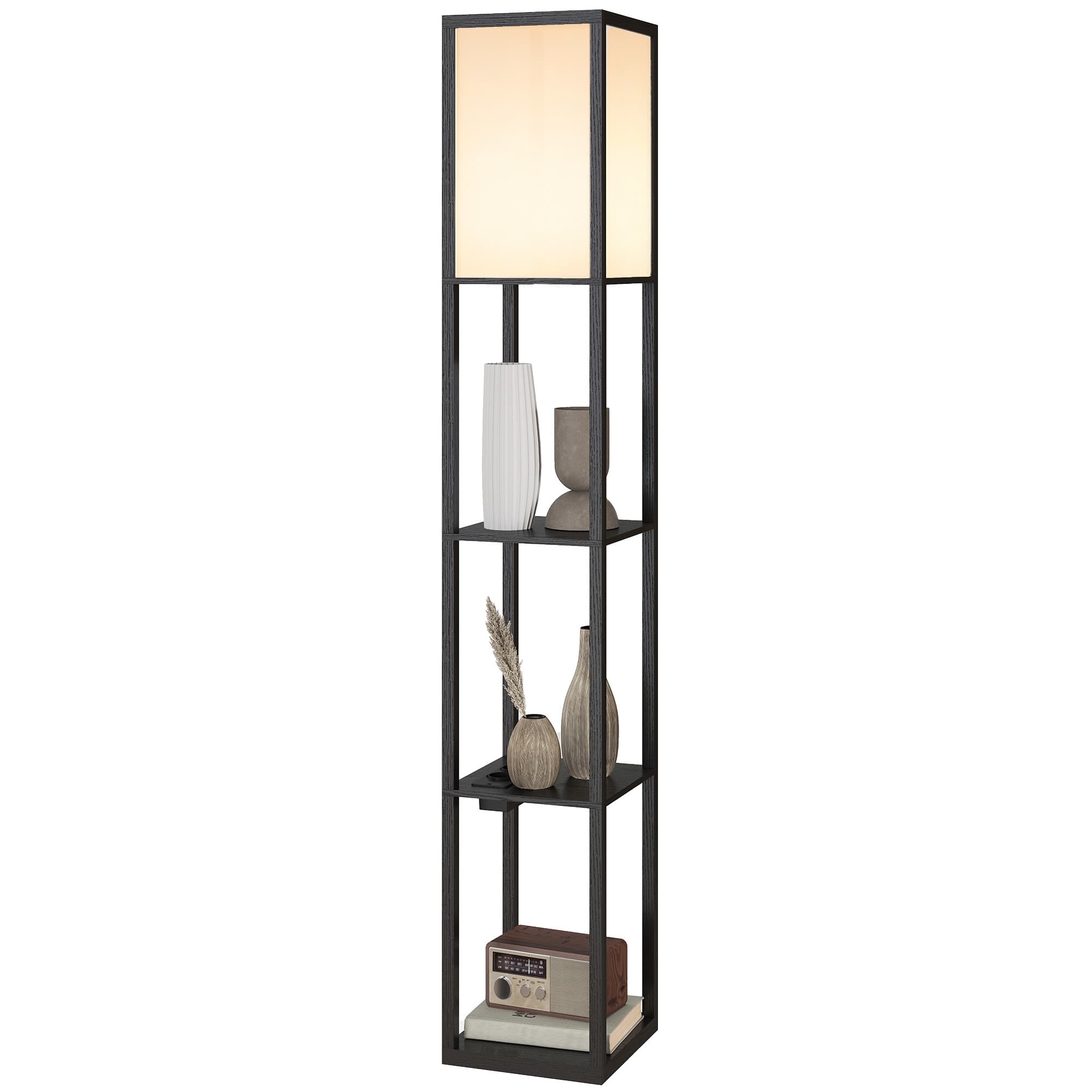 HOMCOM Lampadaire avec étagères, lumière réglable, interrupteur au pied et ports USB, Noir