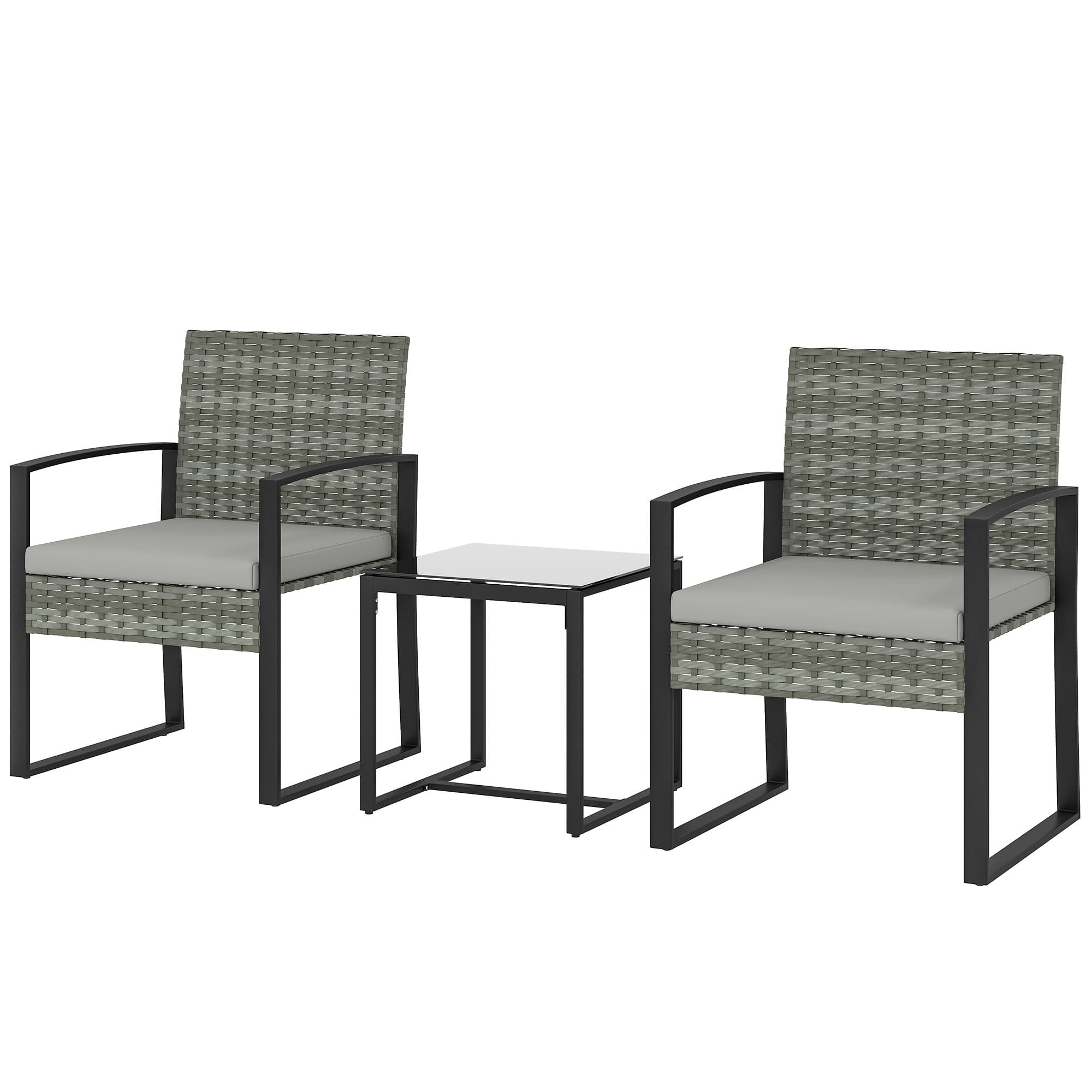 Outsunny Set bistro en rotin, ensemble de jardin 3 pièces avec 2 chaises de jardin, table basse, coussins amovibles Gris clair