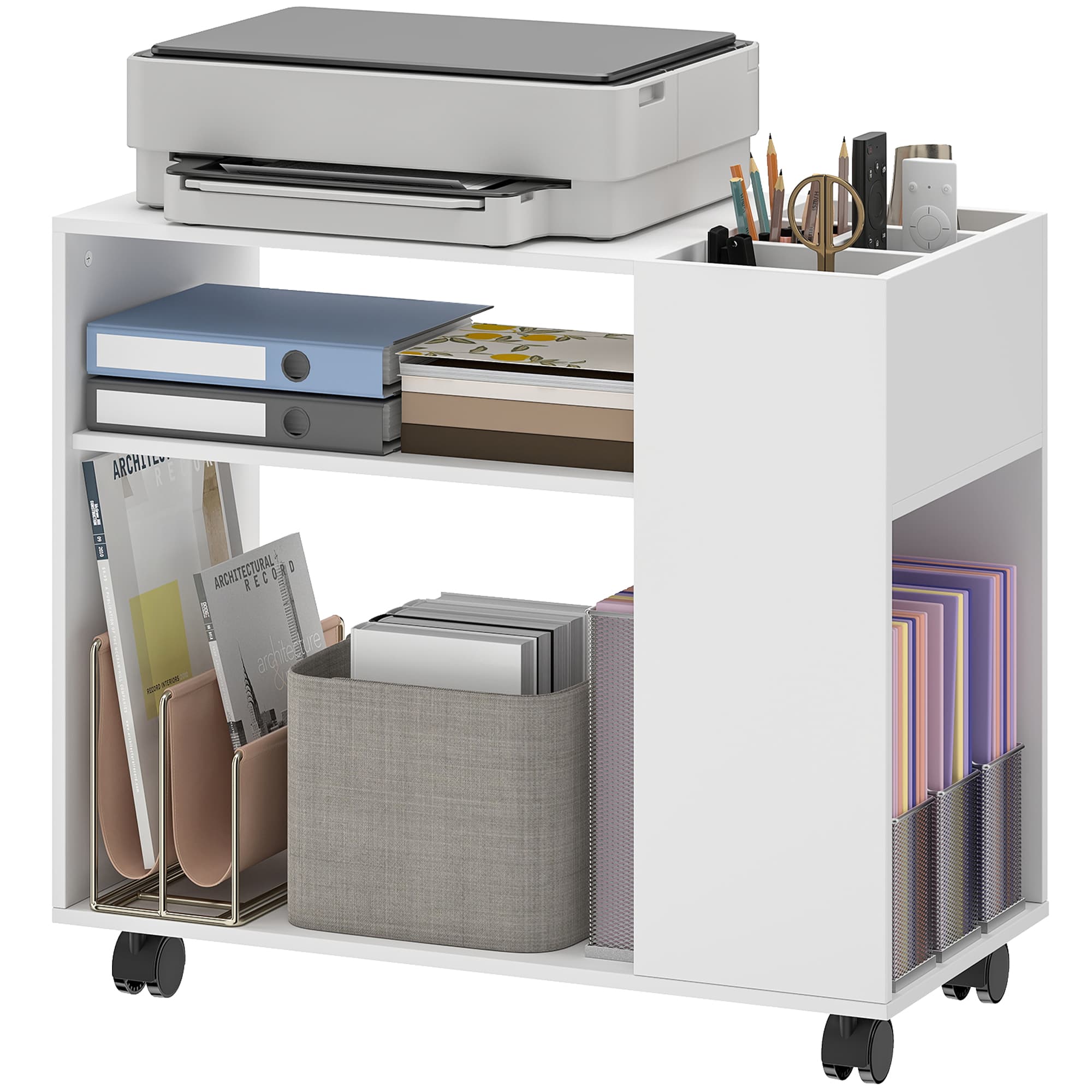 HOMCOM Support pour imprimante Table pour imprimante avec compartiment divisé, surfaces de rangement pour bureau 70 x 34 x 60 cm Blanc