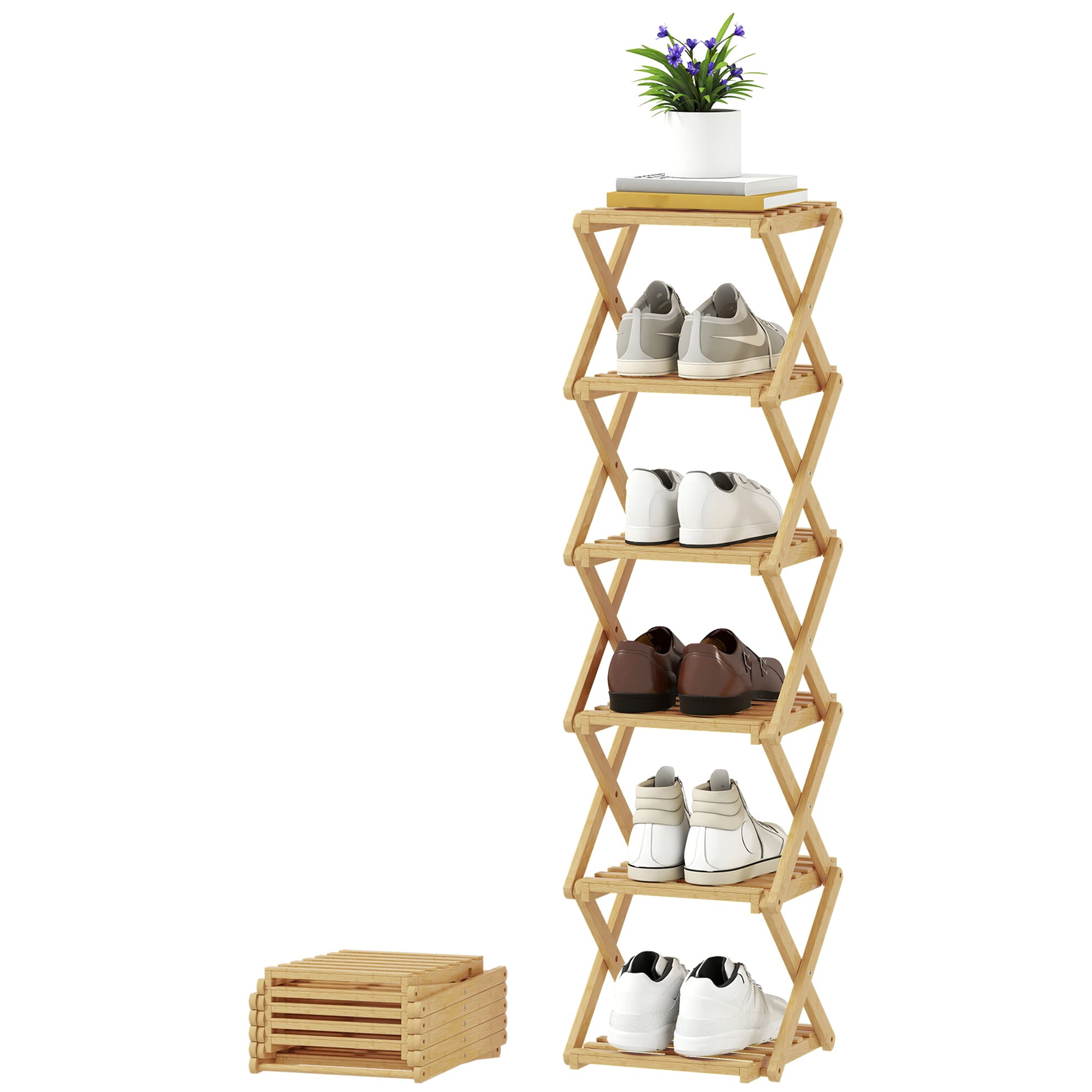 HOMCOM Étagère à chaussures, porte-chaussures pliable à 6 niveaux en bambou, pour max. 9 paires de chaussures, 30 x 29 x 108 cm, naturel