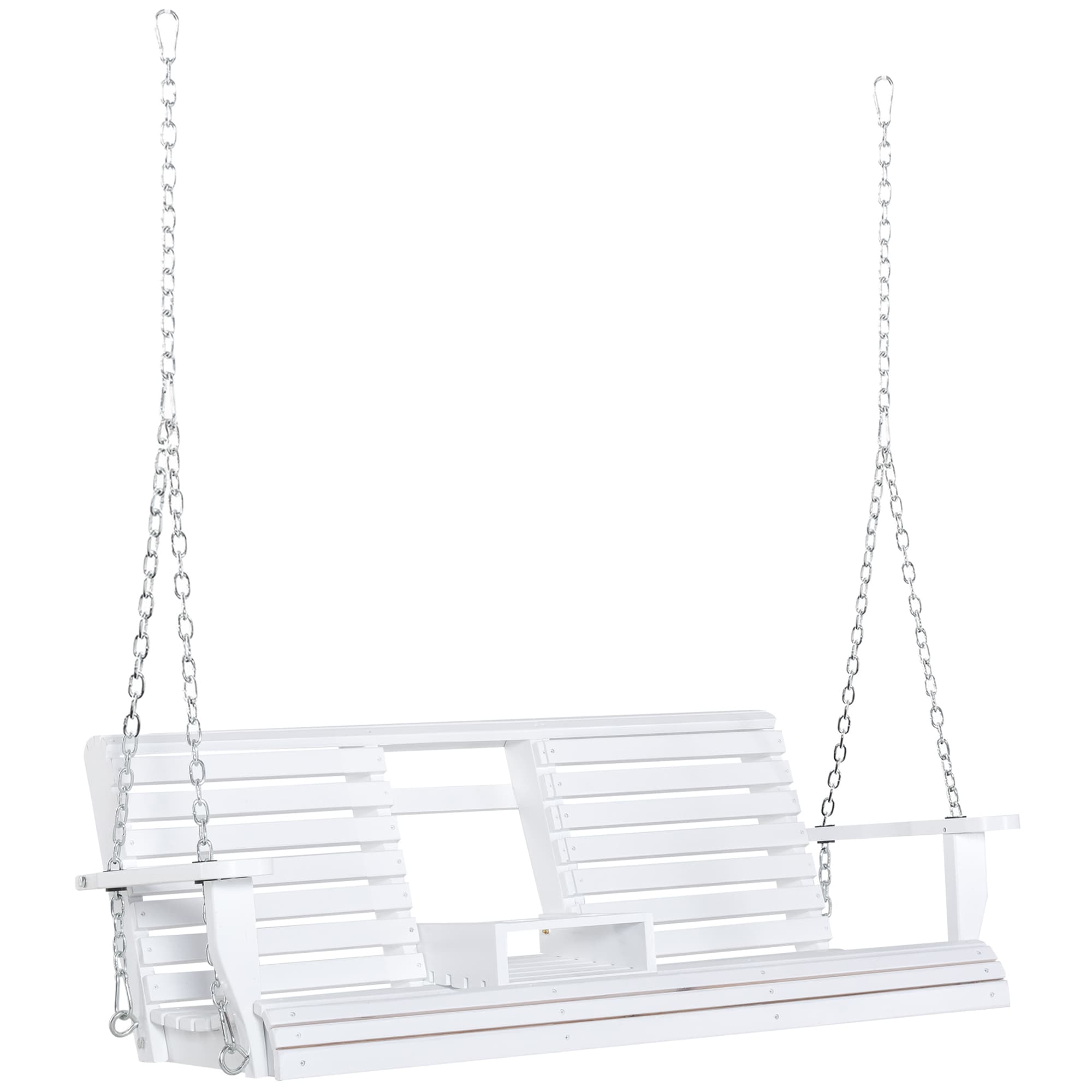 Outsunny Balancelle 3 Places d'Extérieur avec Tablette Centrale et Porte-gobelets, en Bois et Métal, 150x75x53 cm, Blanc