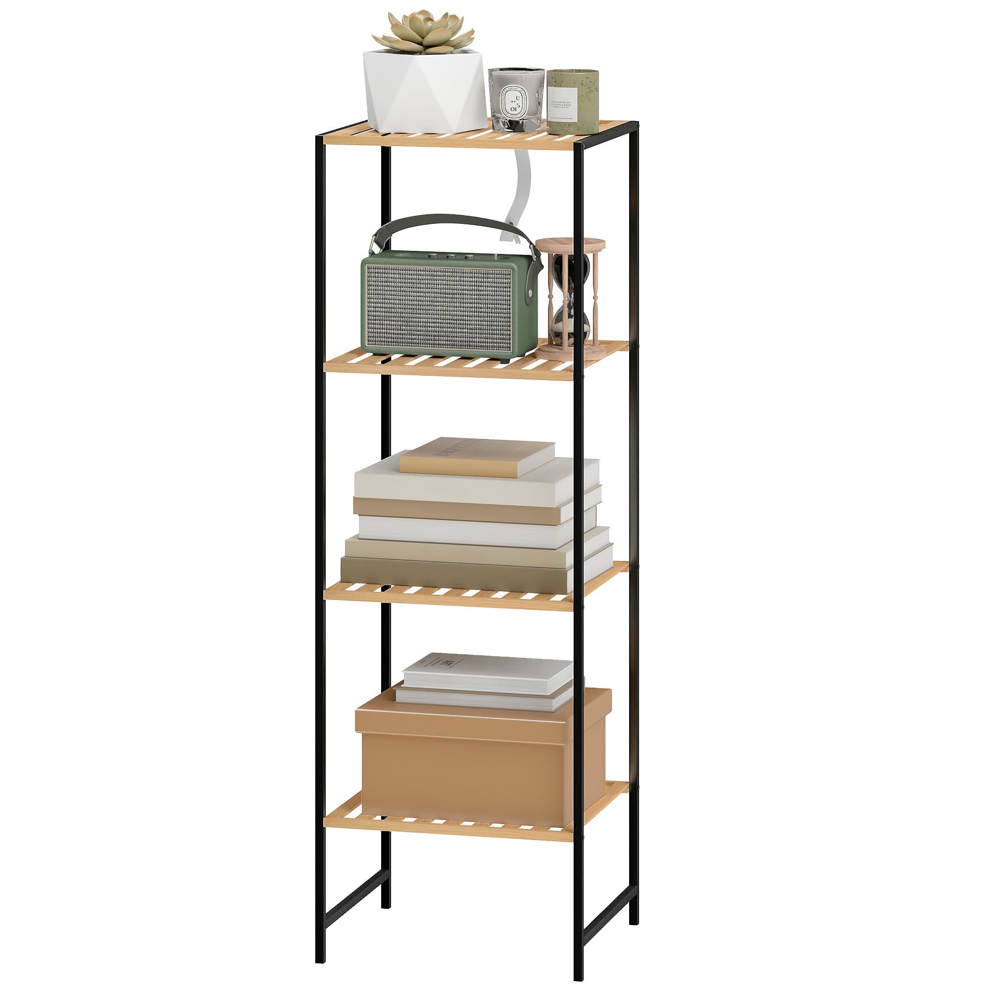 HOMCOM Étagère sur pied pour salle de bain en bambou et acier, 4 tablettes, étagère 4 niveaux, 36,5 x 33 x 110 cm, Bois naturel