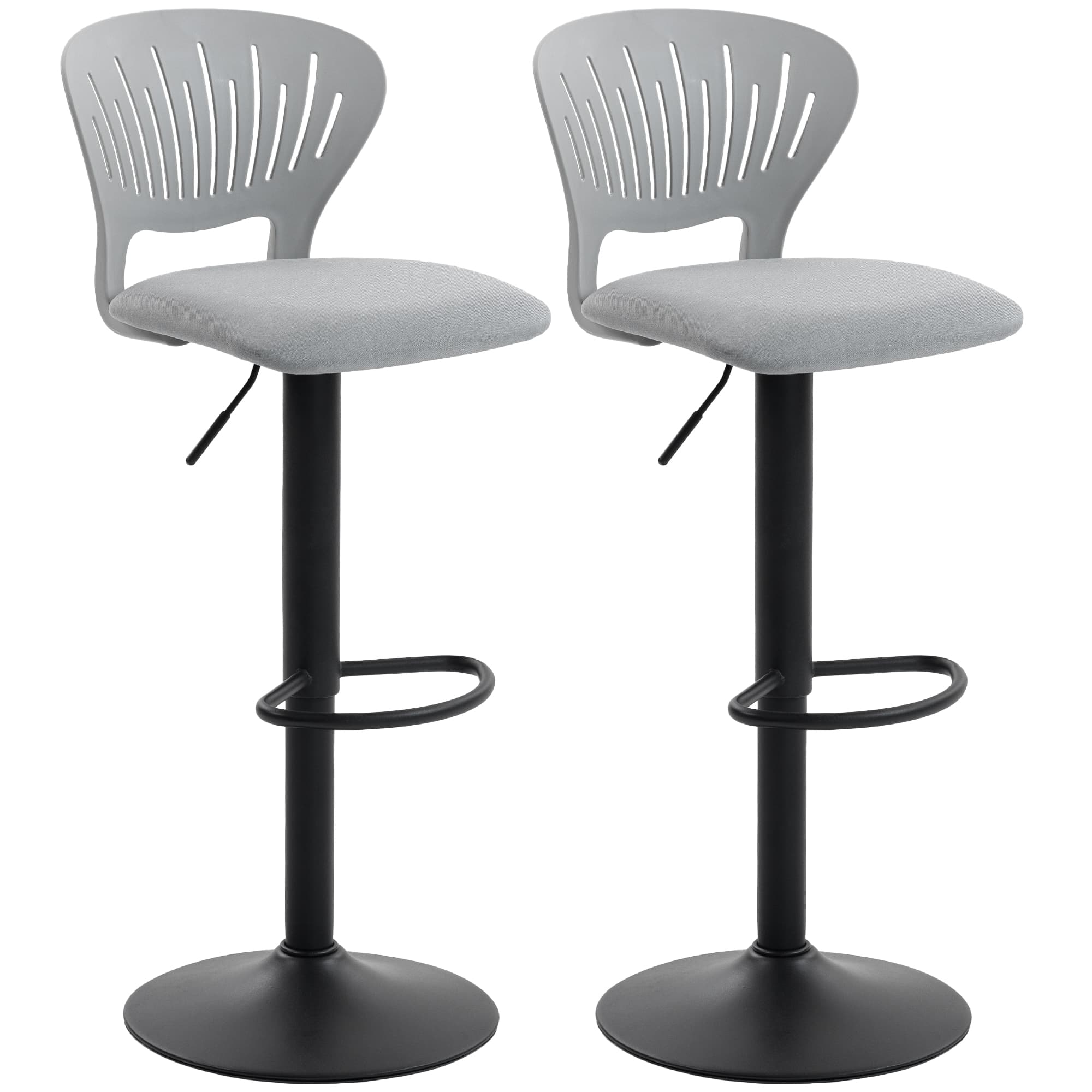 HOMCOM Lot de 2 tabourets de bar pivotants à 360°, réglables en hauteur 84-105 cm, dossier ajouré, repose-pieds, gris