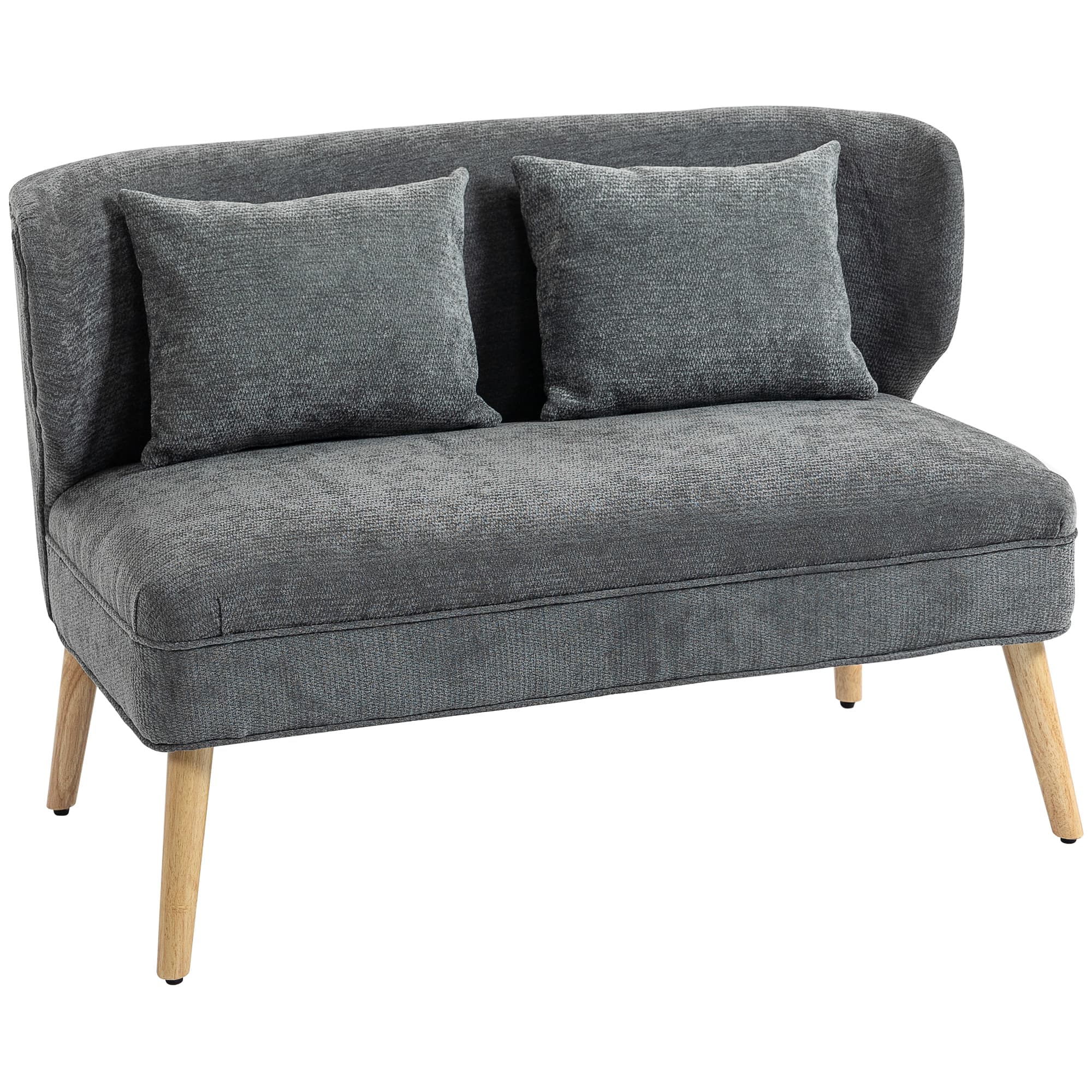 HOMCOM Canapé 2 places, petit canapé en chenille avec dossier à oreilles, assise épaisse, pieds en bois d'hévéa, gris