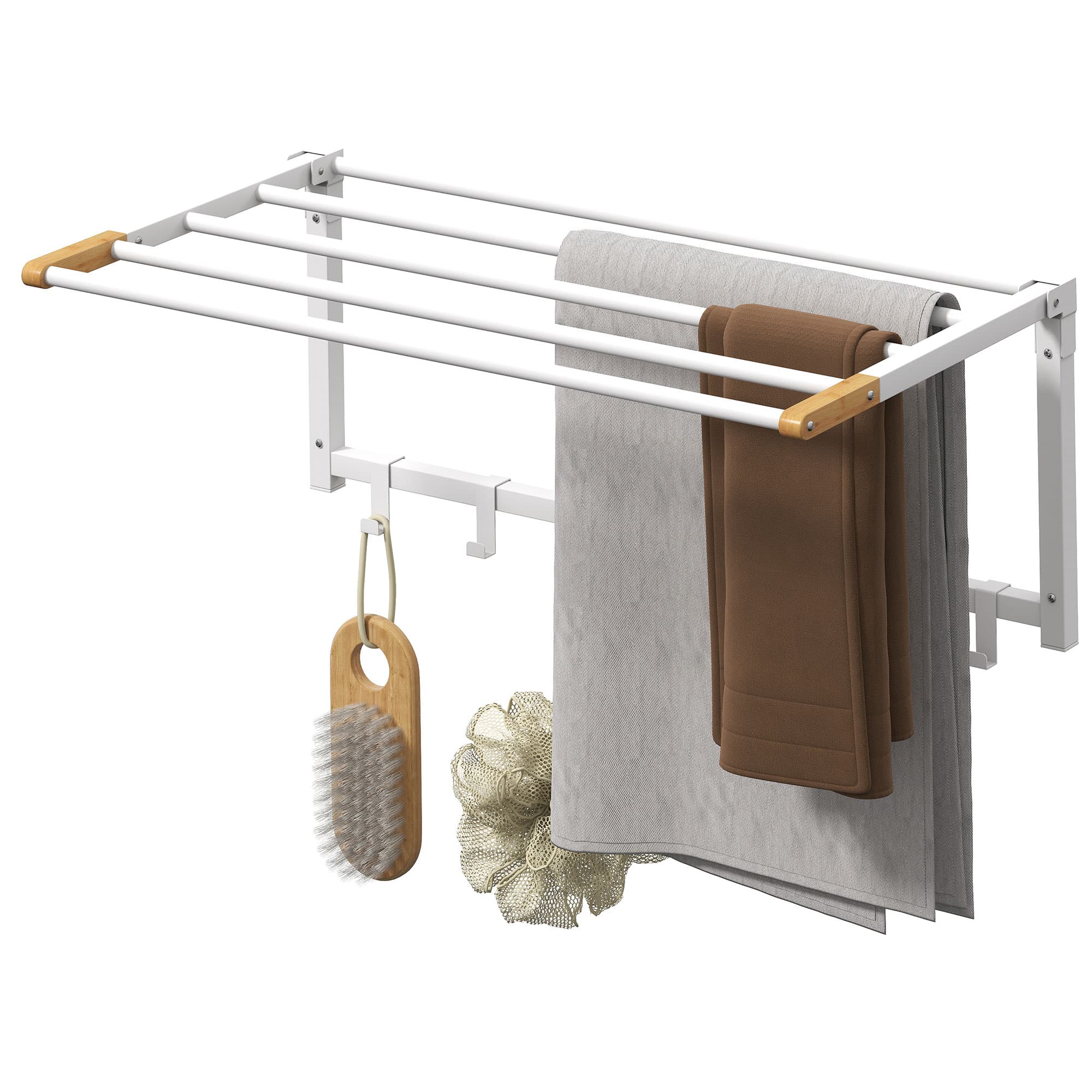 HOMCOM Porte-serviettes mural pliable avec 5 barres et 6 crochets en bois et acier, 60x32.5x20 cm, Blanc