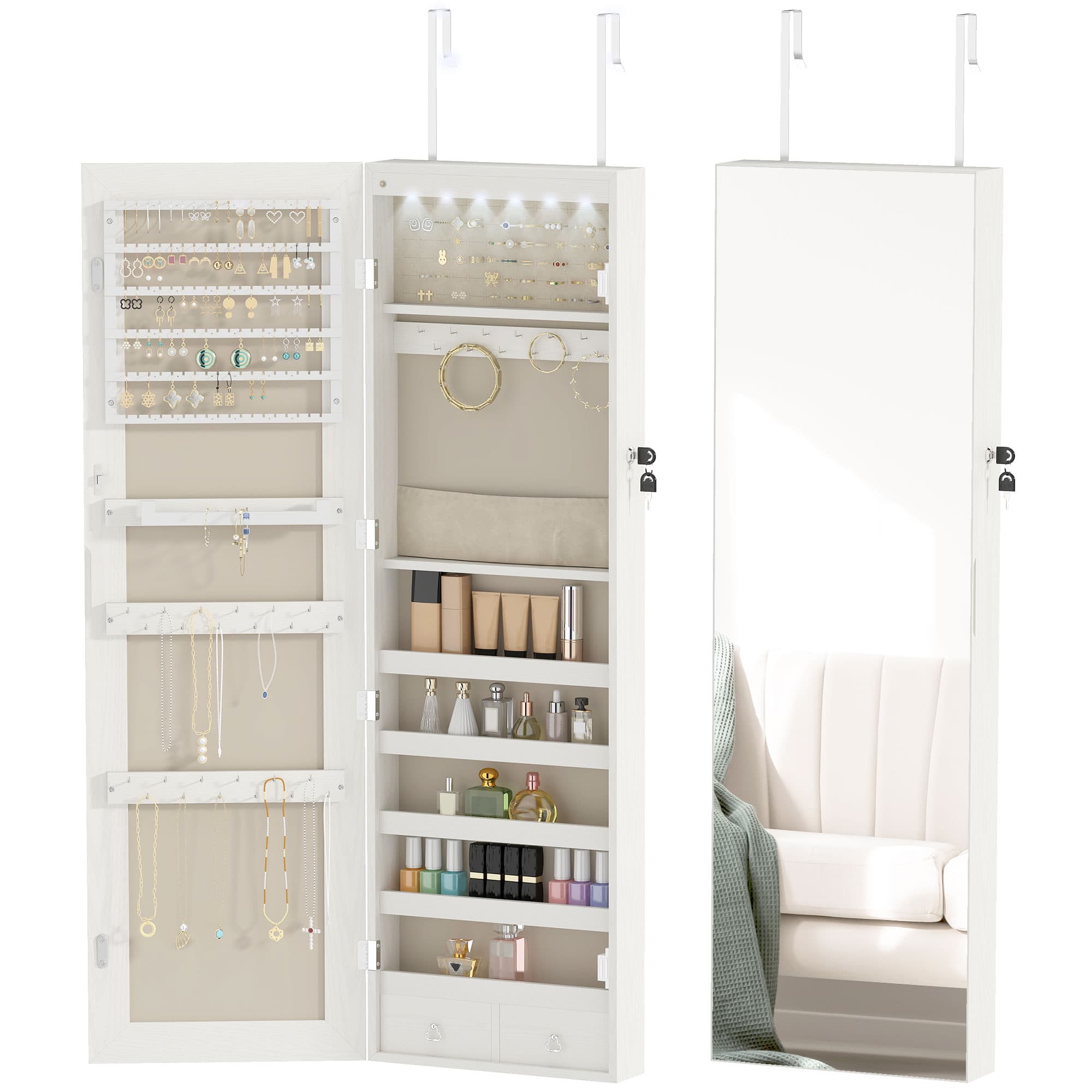 HOMCOM Miroir à bijoux avec éclairage LED Armoire à bijoux montée au mur ou sur la porte avec serrure Miroir pleine longueur Blanc