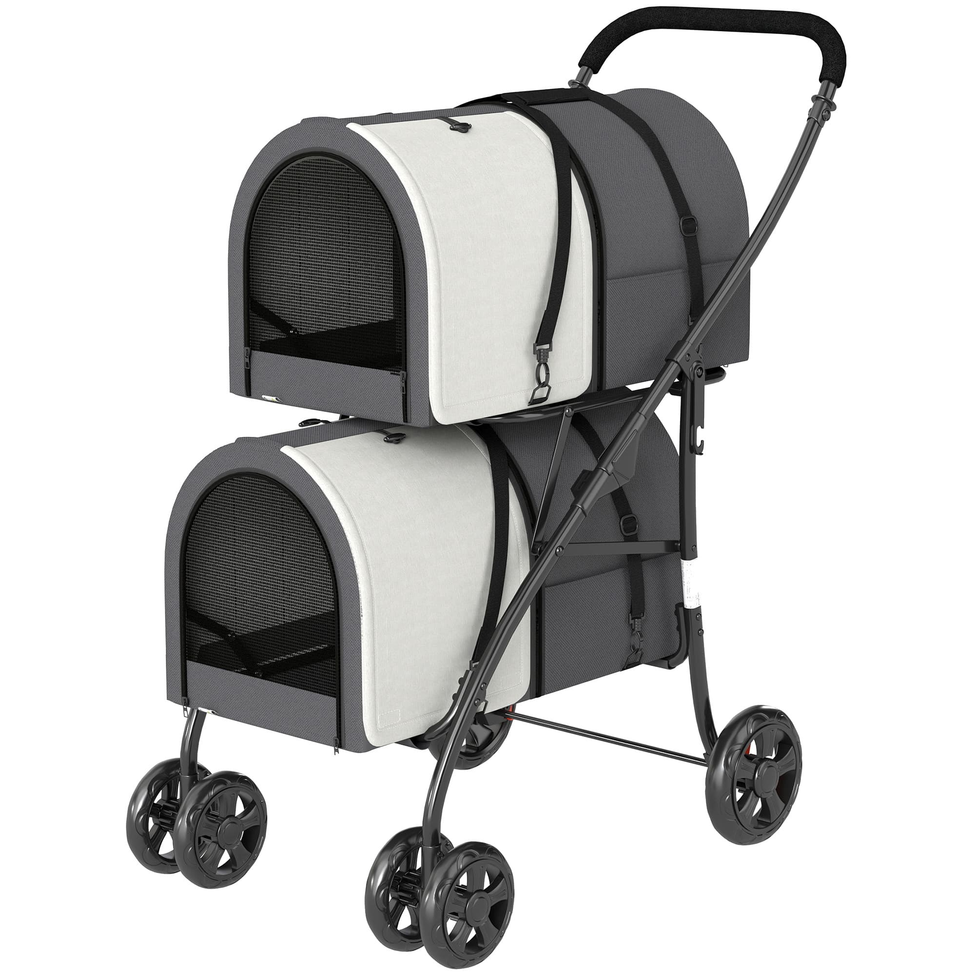 PawHut Poussette Double pour Chiens et Chats Pliable avec 2 Paniers Amovibles, Ceinture et Coussins 66x50x98cm Gris foncé