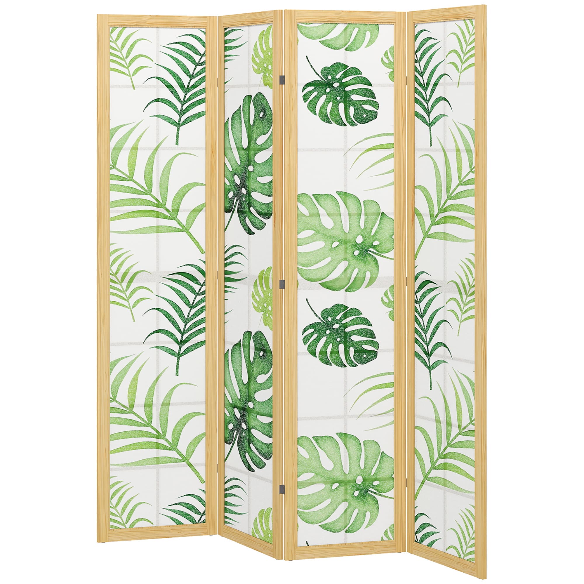HOMCOM Paravent 4 panneaux, pliable, design bohème, motif tropical, paravent autoportant, cadre en bois, Vert