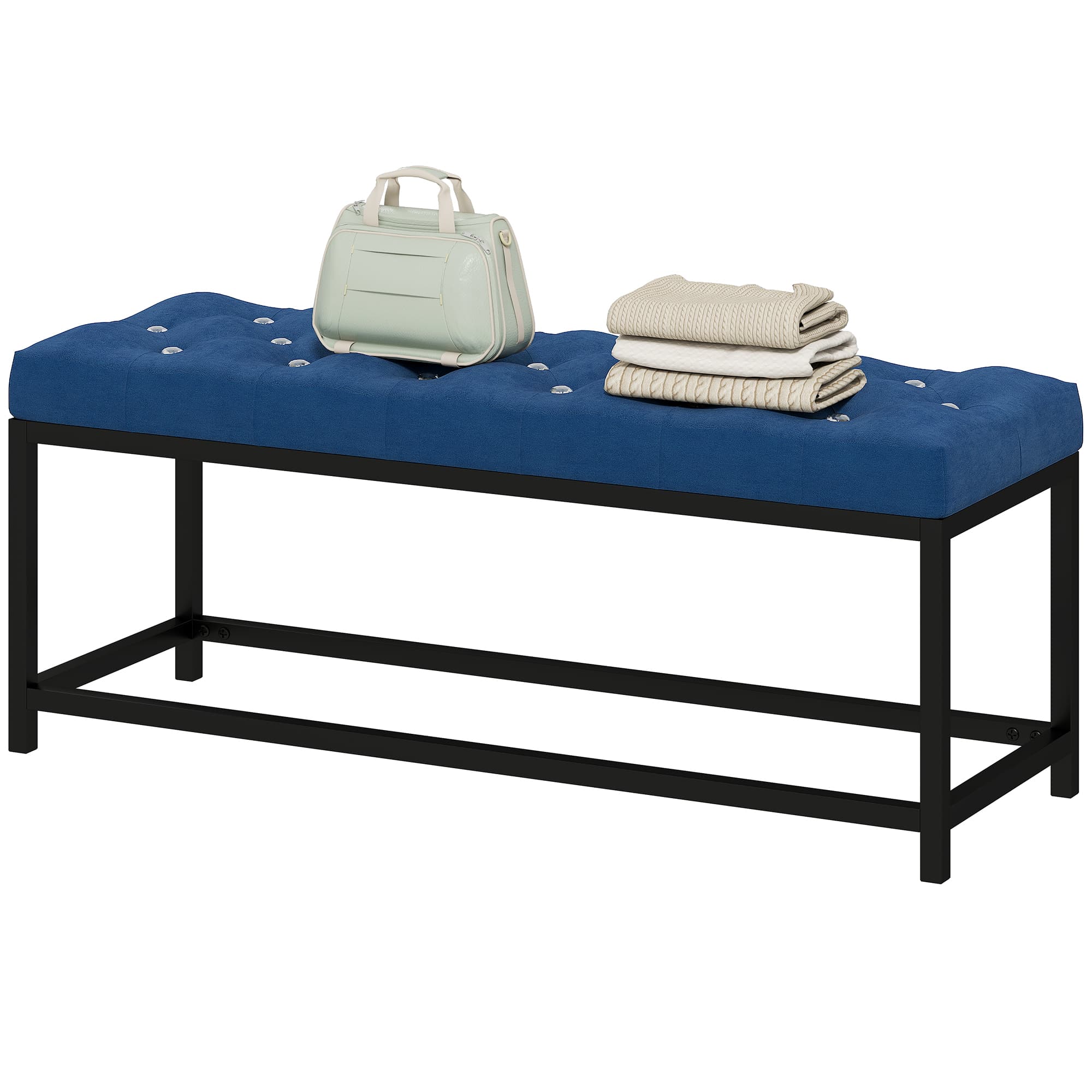 HOMCOM Banc Pied de Lit Rembourré en Velours Design Capitonné Base Métallique pour Chambre Entrée Salon Bleu Foncé