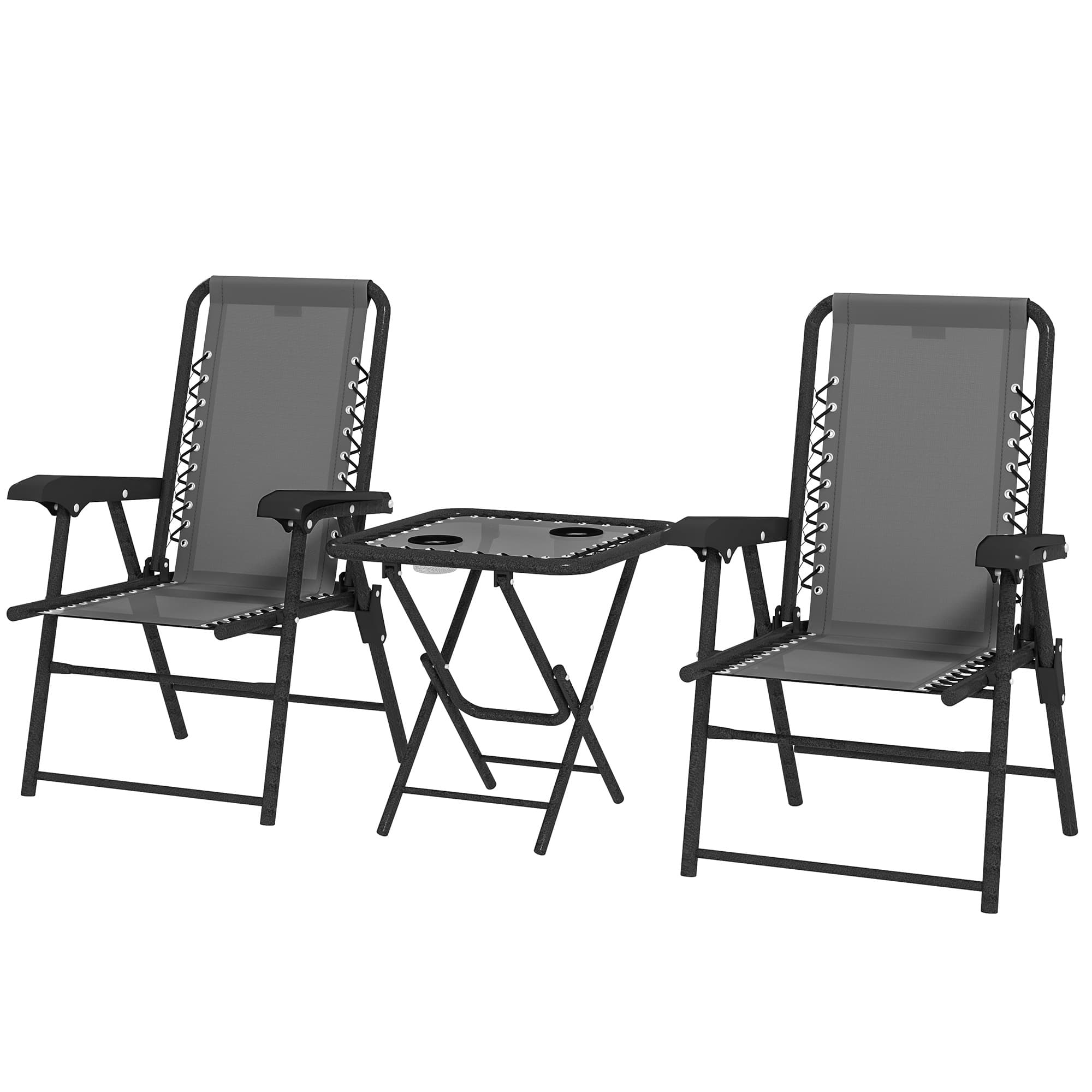 Outsunny Ensemble bistrot 3 pièces en acier résistant aux intempéries Ensemble de jardin pliant avec table bistrot porte-gobelets chaises Gris foncé