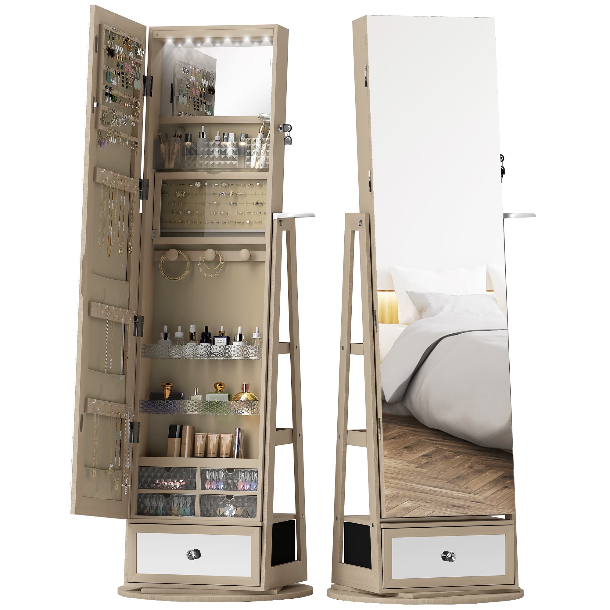 HOMCOM Miroir-armoire à bijoux avec LED Armoire à bijoux avec miroir pleine longueur Pivotant à 360° Tiroir Serrure Naturel