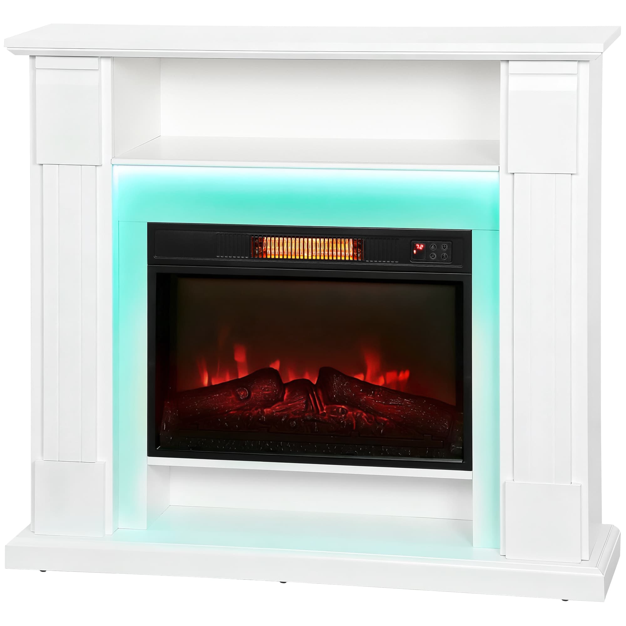 HOMCOM Cheminée Électrique 1800W Réglable avec Flamme 3D, Étagère, Minuterie et Télécommande, 105x27x97 cm, Blanc