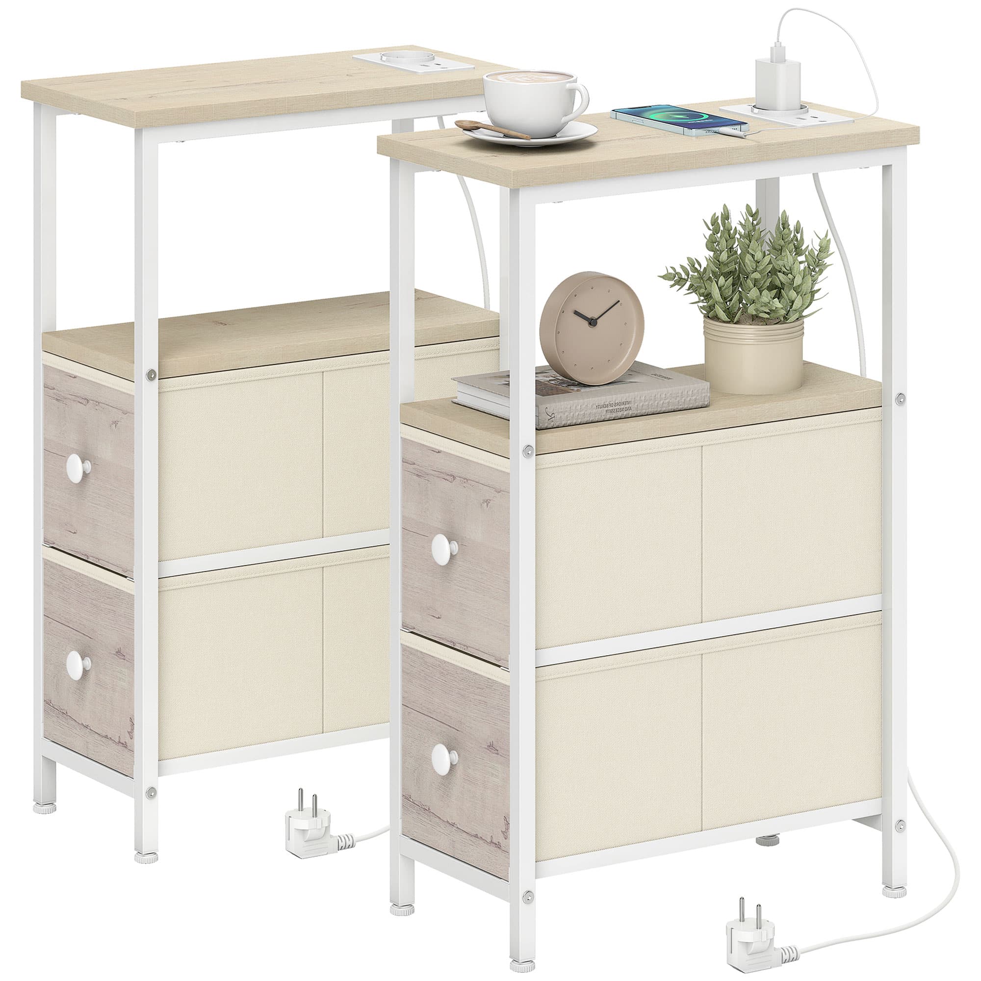HOMCOM Lot de 2 Tables d'Appoint Étroites avec Prise CA Port USB Port USB-C 2 Tiroirs en Tissu Bois naturel