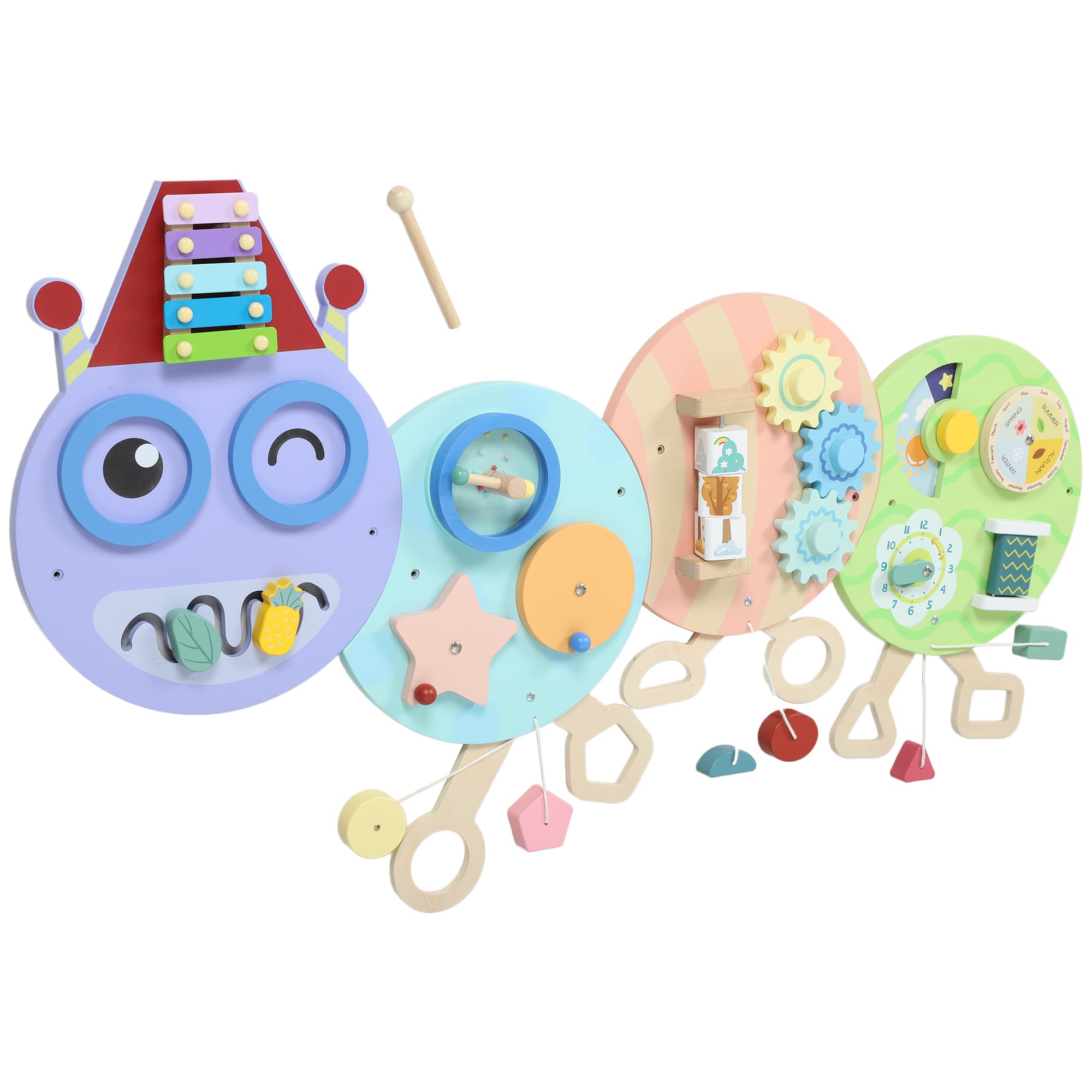 AIYAPLAY Jouet mural 7-en-1, xylophone, engrenages, design chenille, MDF, 108 cm, coloré