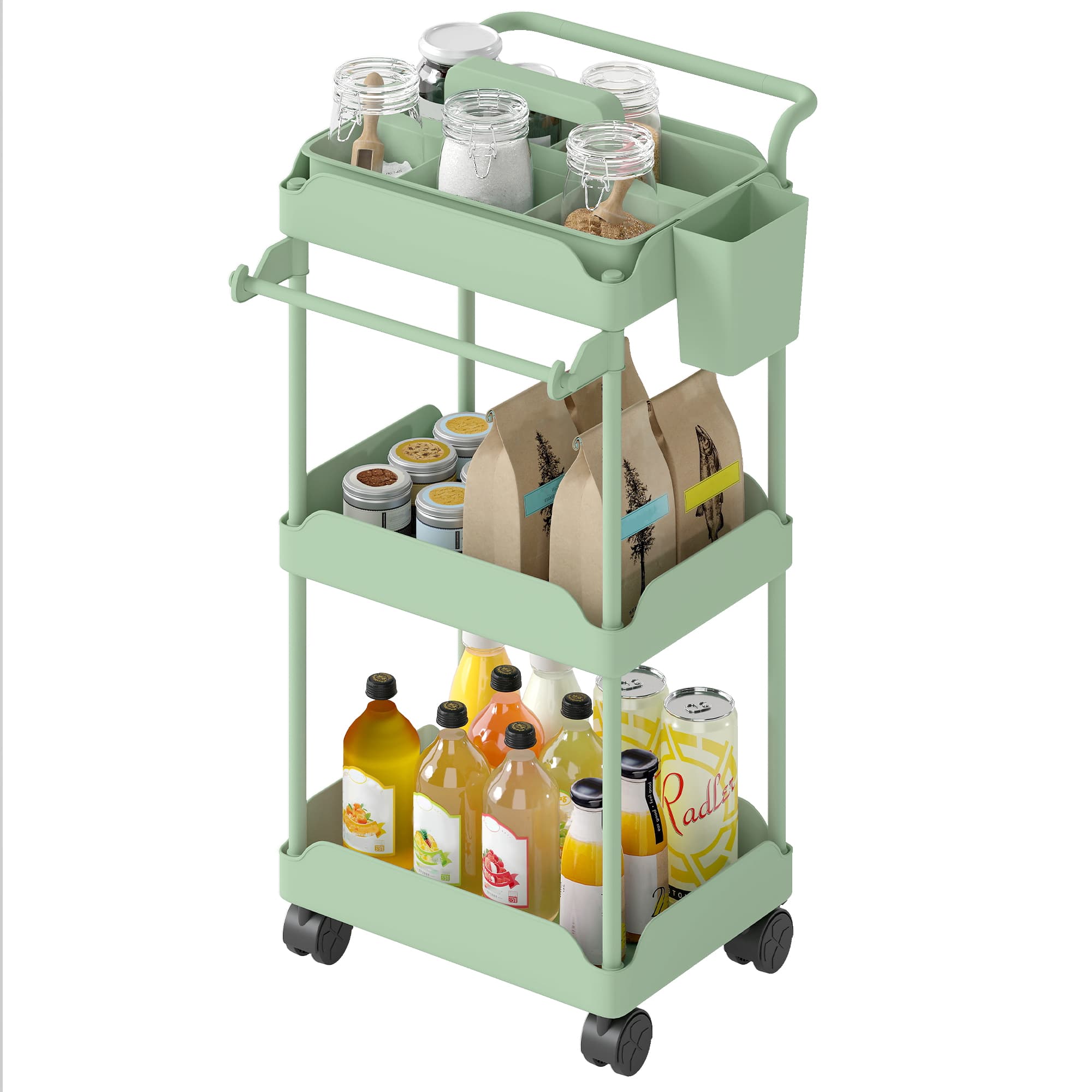 HOMCOM Chariot auxiliaire à roulettes 3 niveaux chariot de cuisine avec paniers amovibles et porte-serviettes vert
