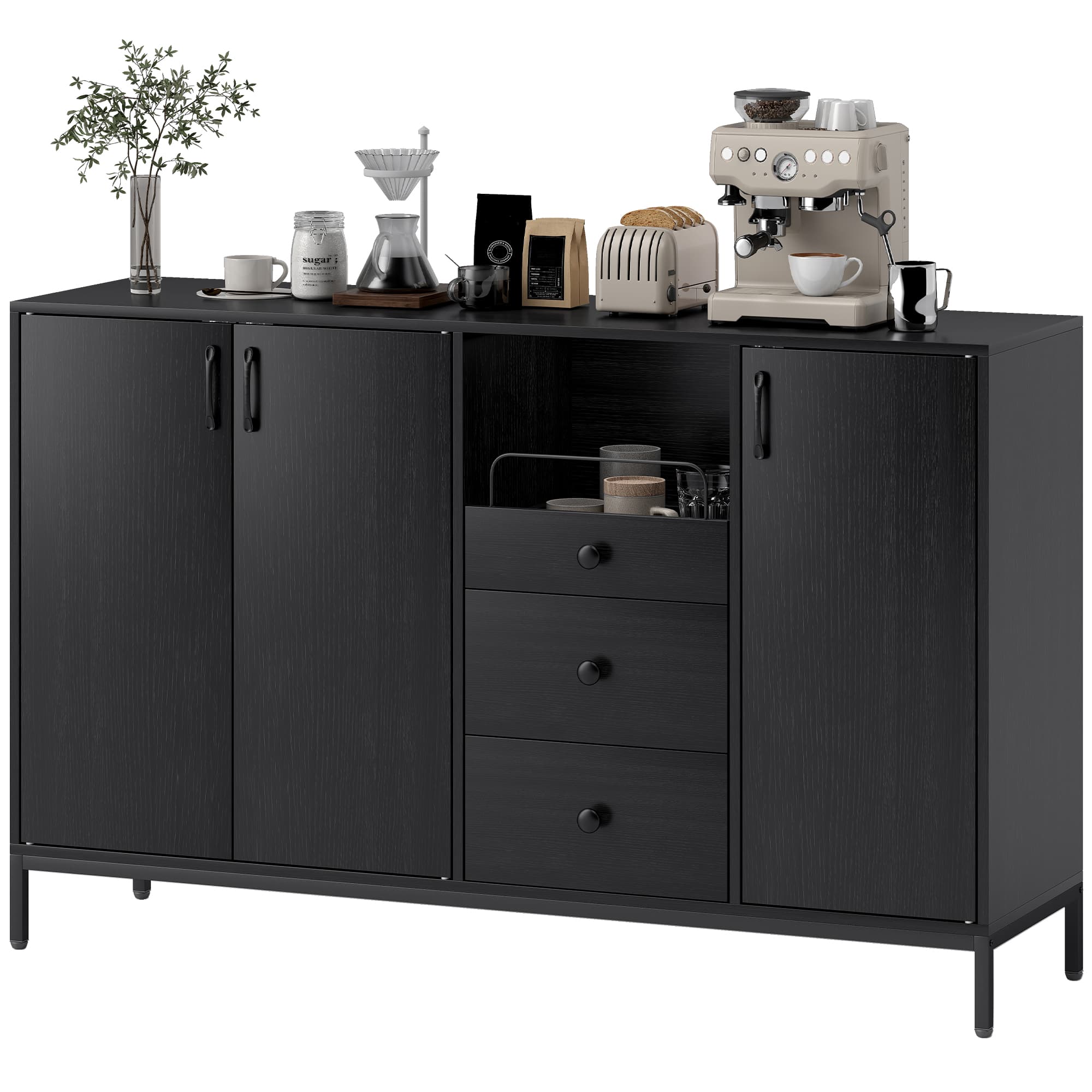 HOMCOM Buffet 3 Portes Buffet de Salon avec 3 Tiroirs Étagères Réglables pour Cuisine Entrée Noir 143,5x40x90 cm
