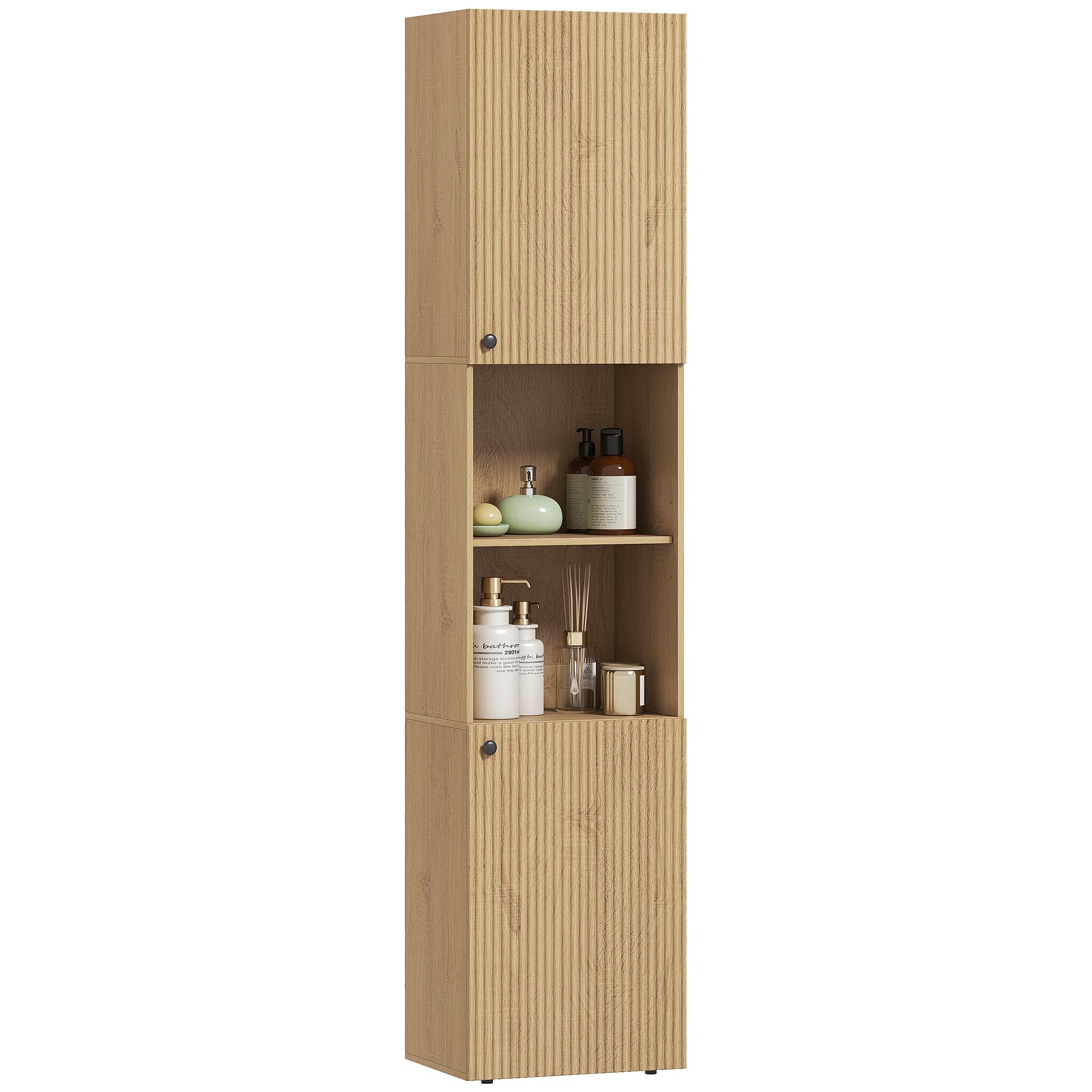 HOMCOM Armoire haute de salle de bain, 6 niveaux, 2 placards, 2 étagères ouvertes, compartiments ouverts, bois, couleur chêne