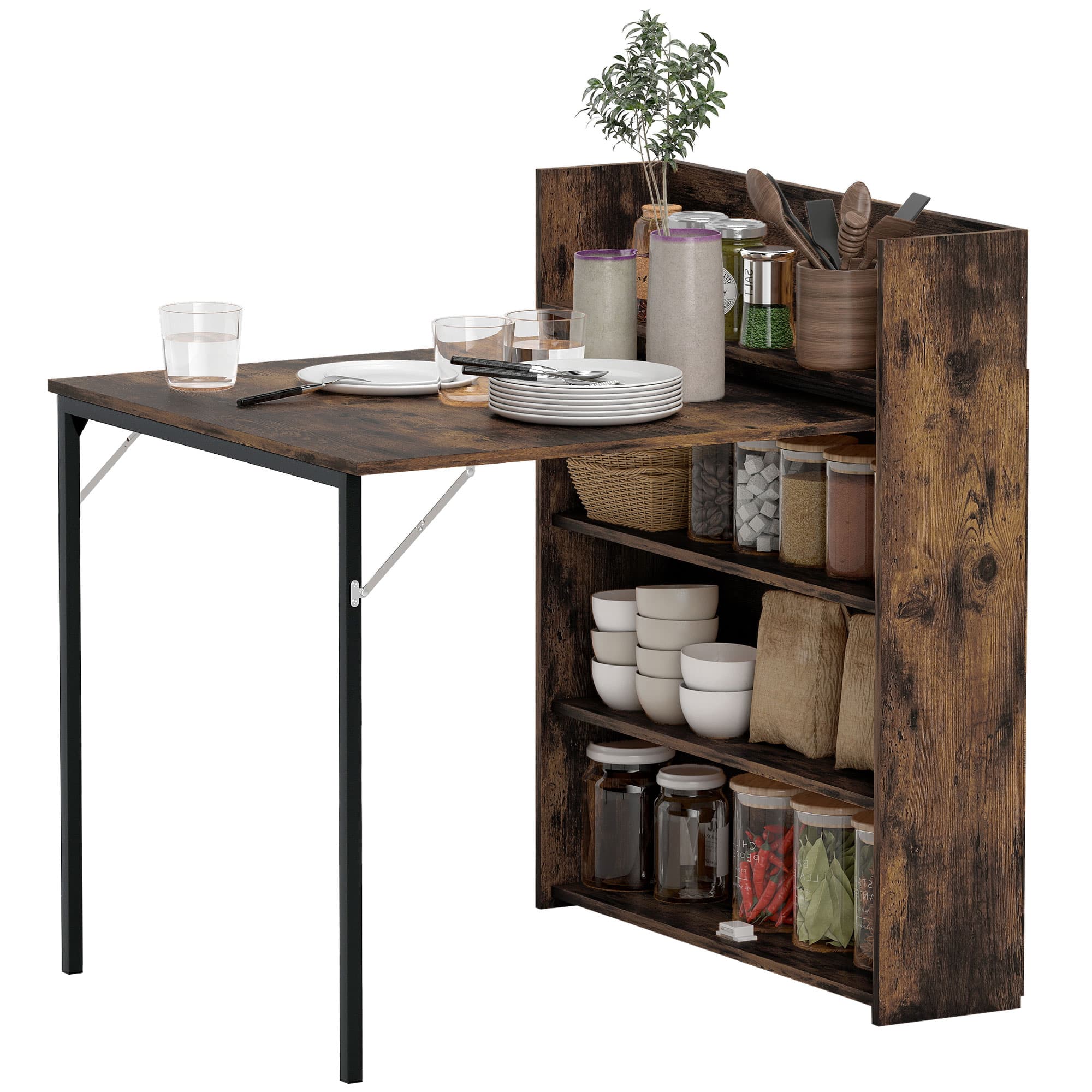 HOMCOM Table pliante avec étagère, design industriel, gain de place, pour petits espaces, 80x90x93cm, Brun rustique