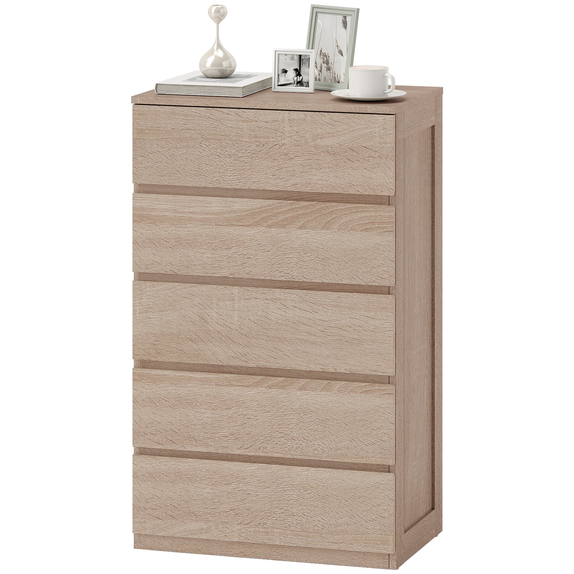 HOMCOM Commode 5 tiroirs en bois avec glissières métalliques et poignées rainurées, 60x39x100 cm, couleur Hêtre