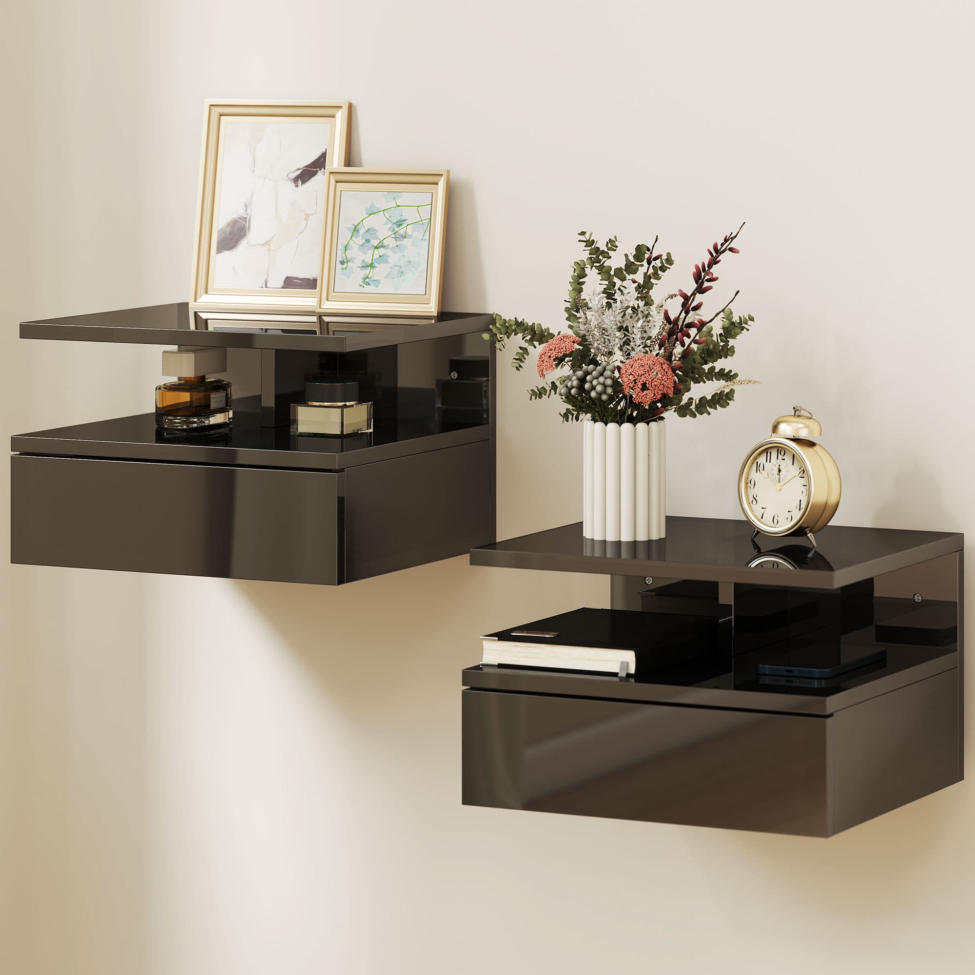 HOMCOM 2 Tables de Chevet Flottantes avec 1 Tiroir et Étagère Ouverte Design Moderne 35x32x22,5 cm Noir Brillant