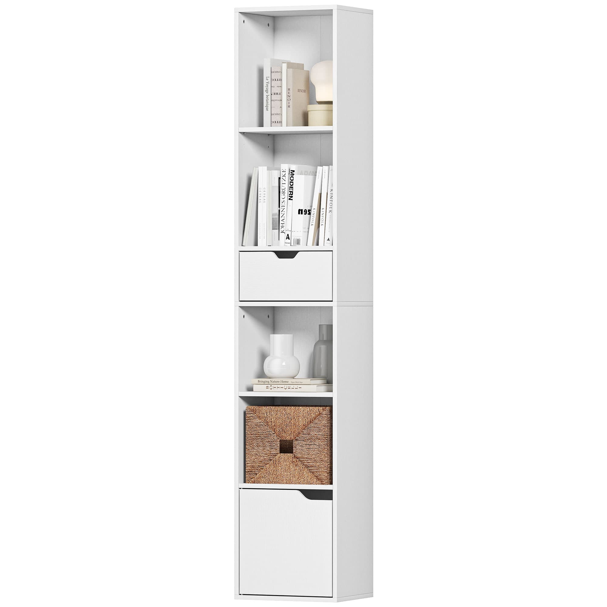 HOMCOM Étagère à 6 niveaux, réglable sur 3 positions, avec tiroir, porte d'armoire, étagère modulable, étagère d'exposition, Blanc