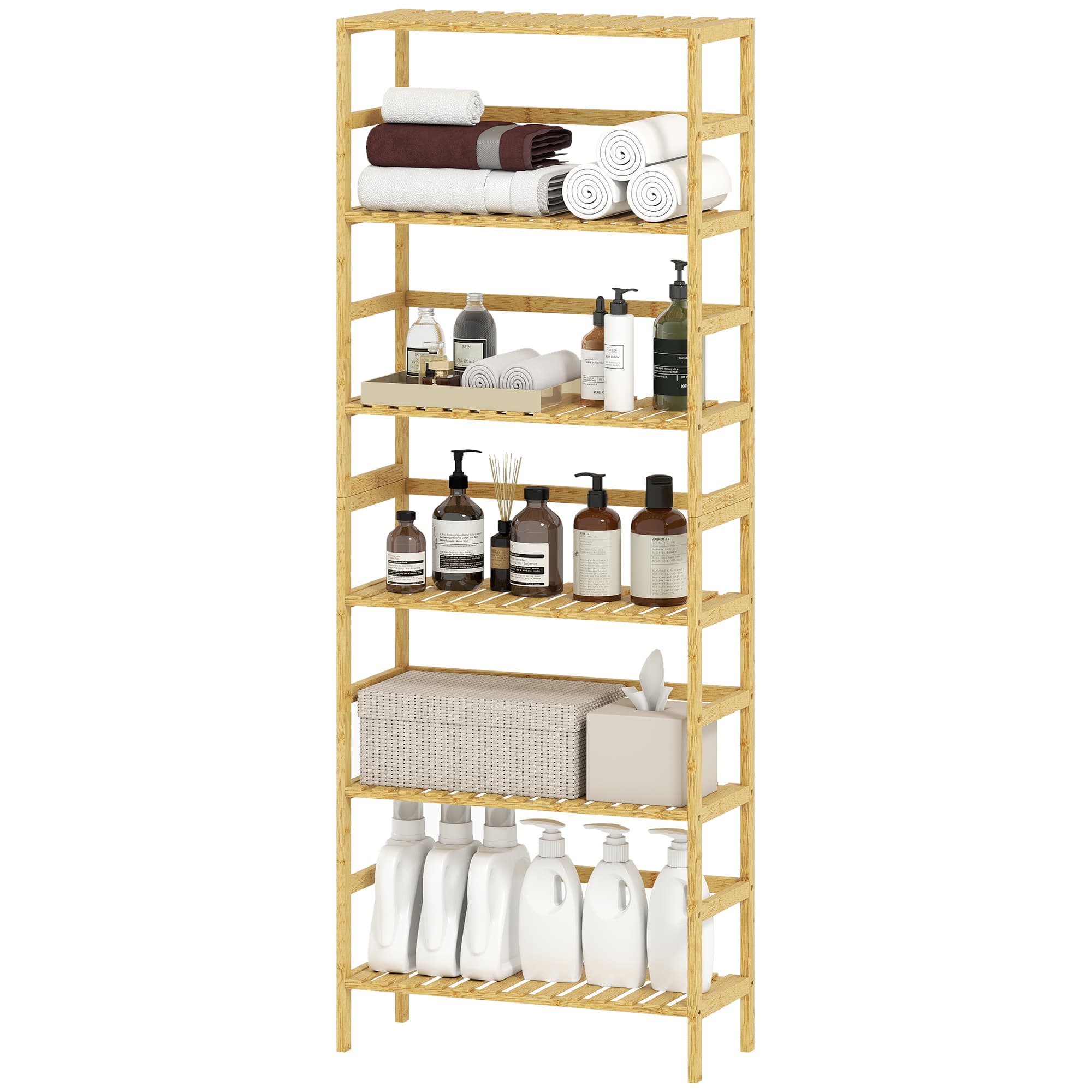 HOMCOM Étagère en bambou 6 niveaux Bibliothèque pour petits espaces Salle de bain Salon et Cuisine naturel